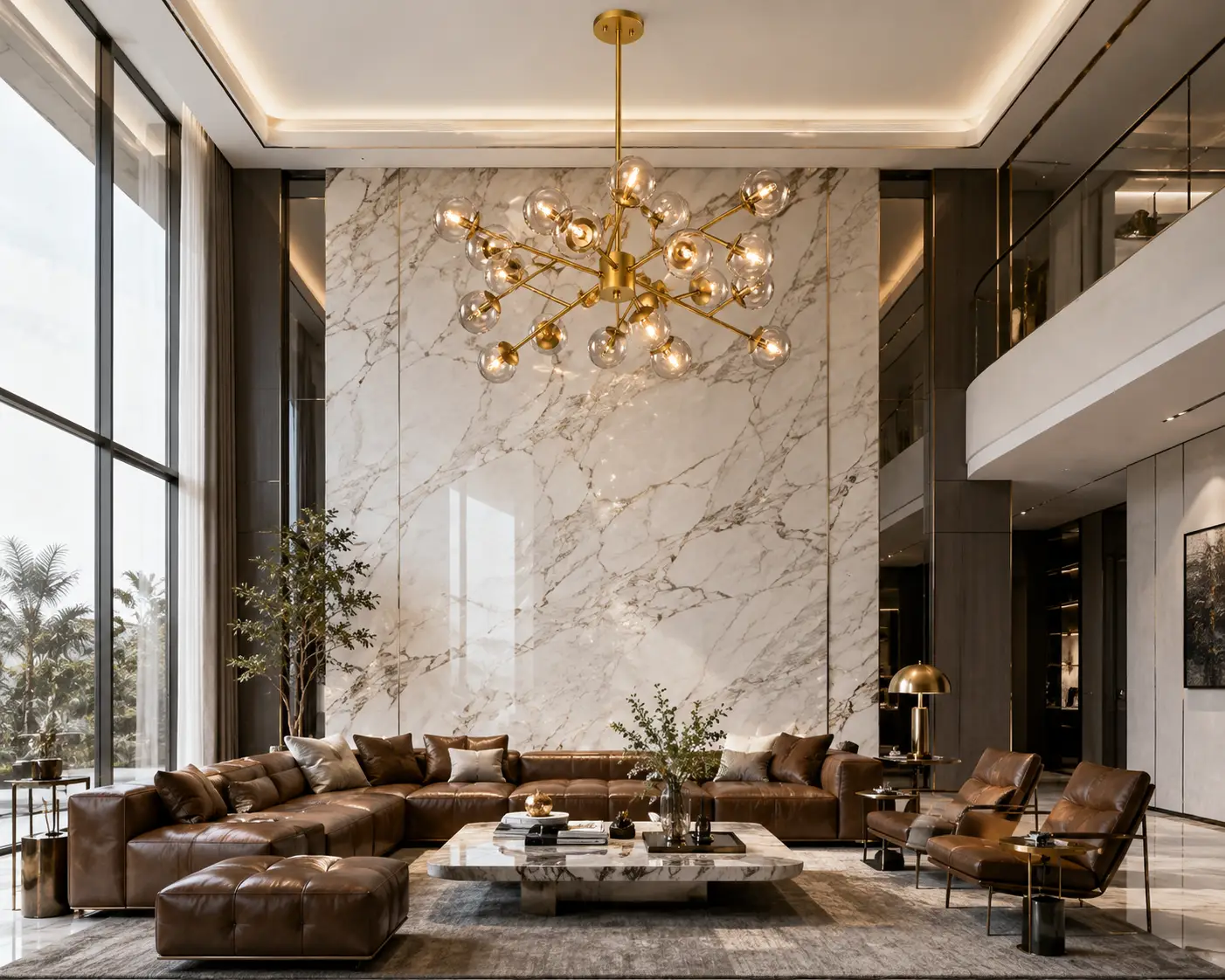 The Golden Stellar Burst Sputnik Chandelier in Modern Luxury Living Room