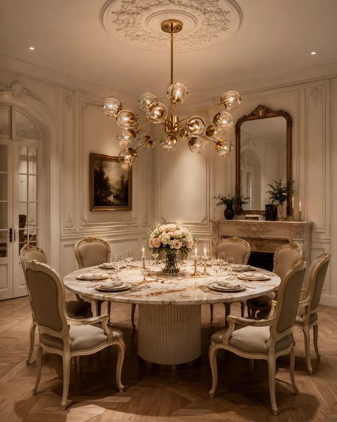 Custom Finishes of Golden Stellar Burst Chandelier over Neoclassical Banquet Setting