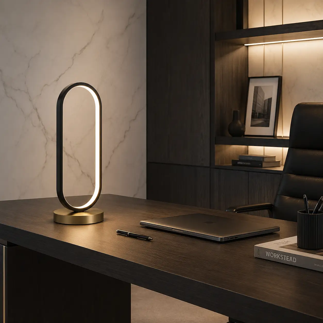 The Halo Modern Oval LED Table Lamp in an Ultra-Modern Office Setting