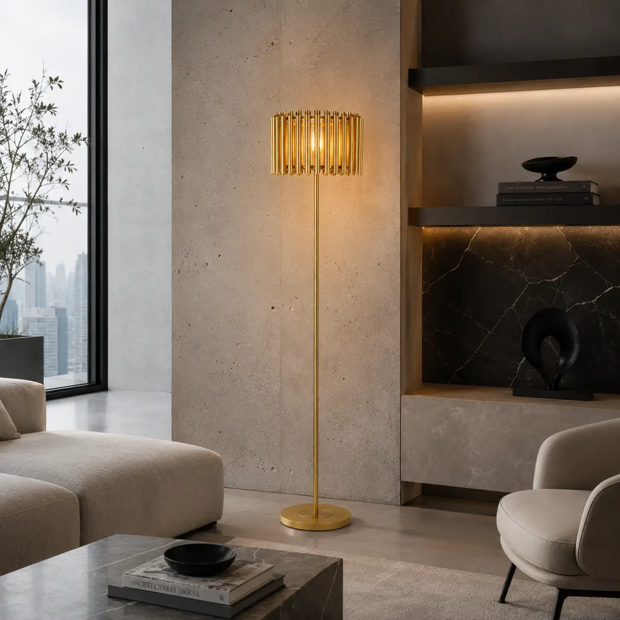 The Harmonic Gold Fluted Floor Lamp in a Stately French Chic Living Salon