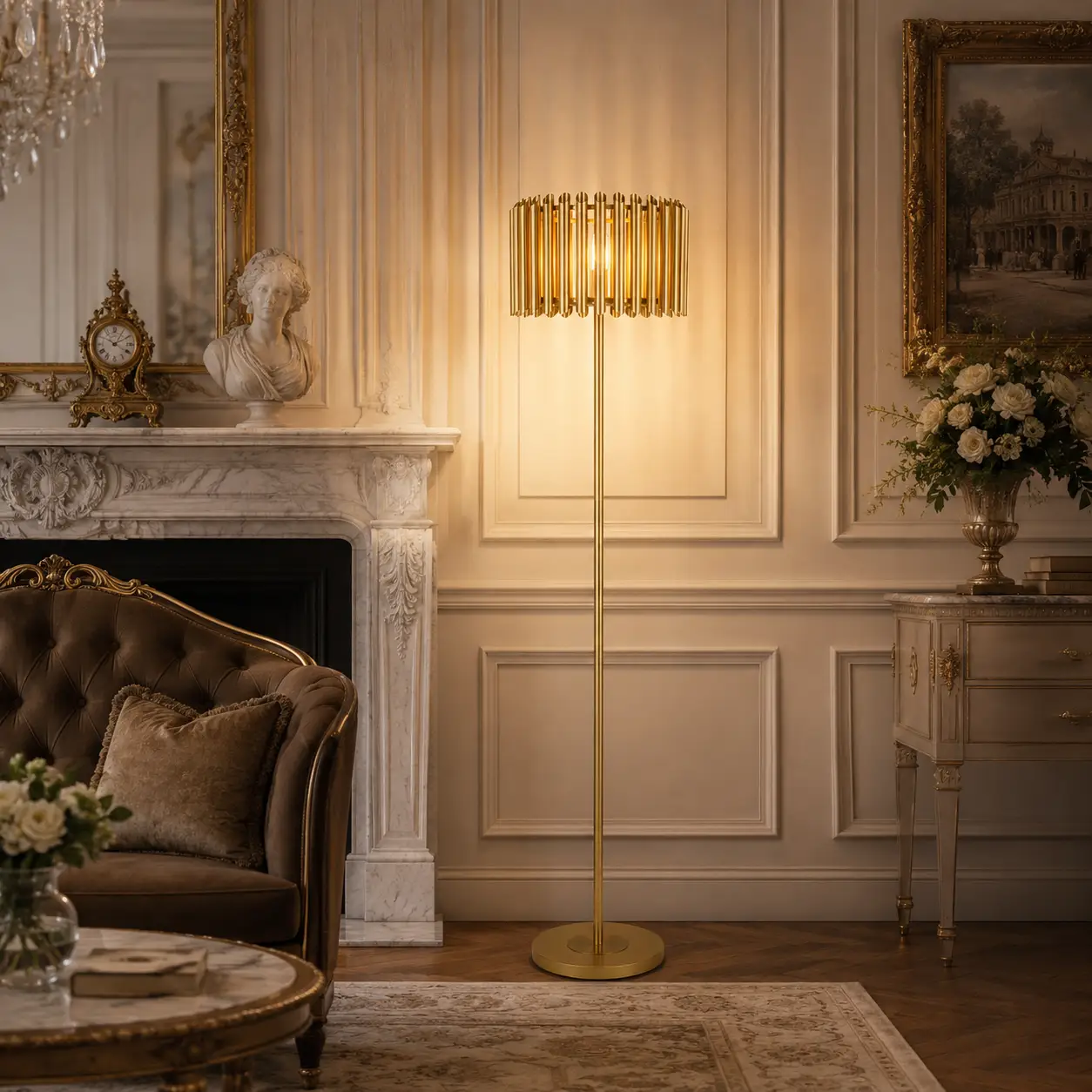 The Harmonic Fluted Floor Lamp in Satin Gold within a Minimalist Penthouse Setting
