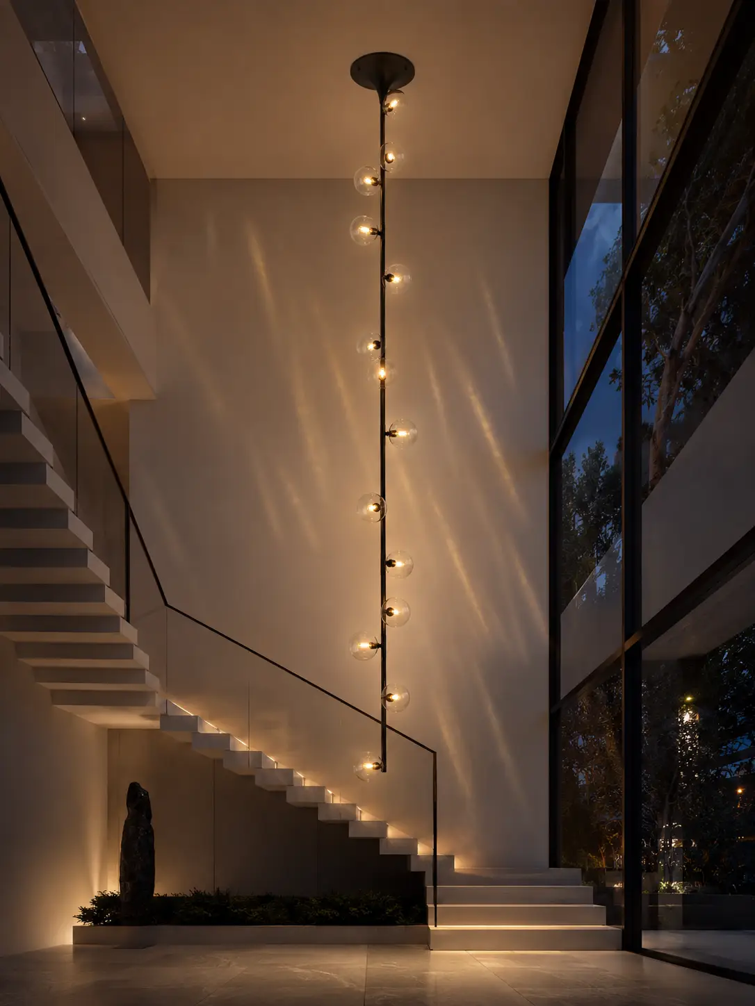 The Interstellar 6-Light Cascading Pendant in Luxury Minimalist Stairwell