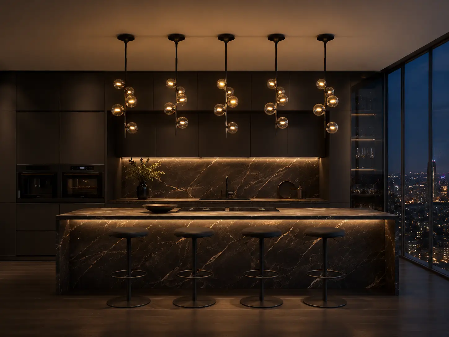 Staggered Linear Customization of Interstellar Pendant Chandelier Over Modern Kitchen Island