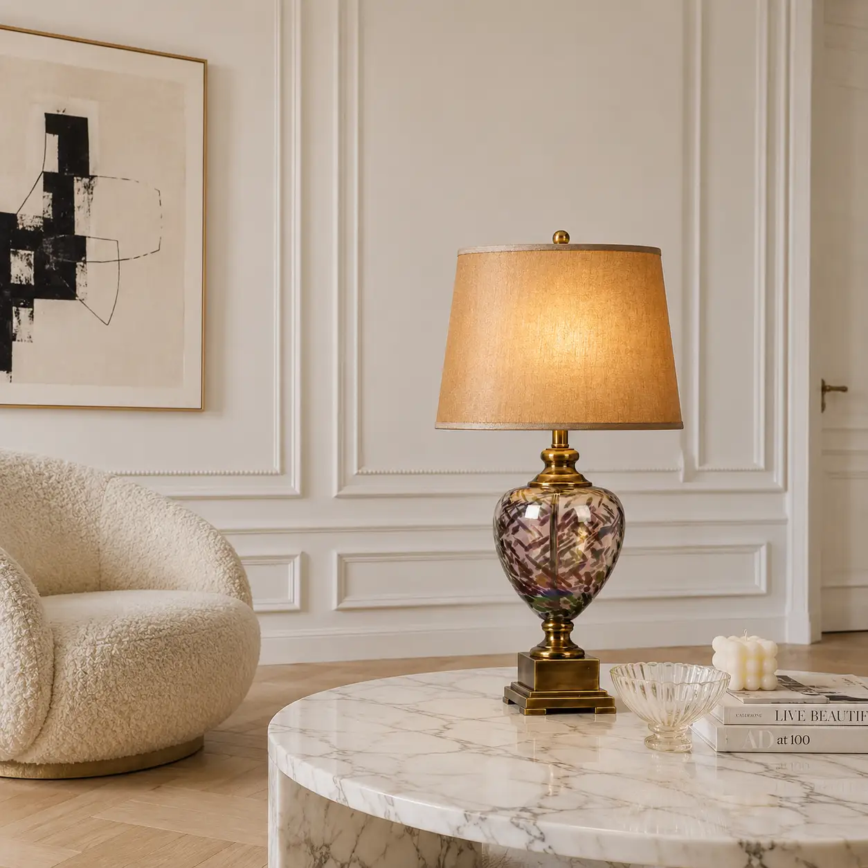 The Iridescent-Whisper Art Glass Lamp in a Modern Luxury and Contemporary Parisian Apartment Salon