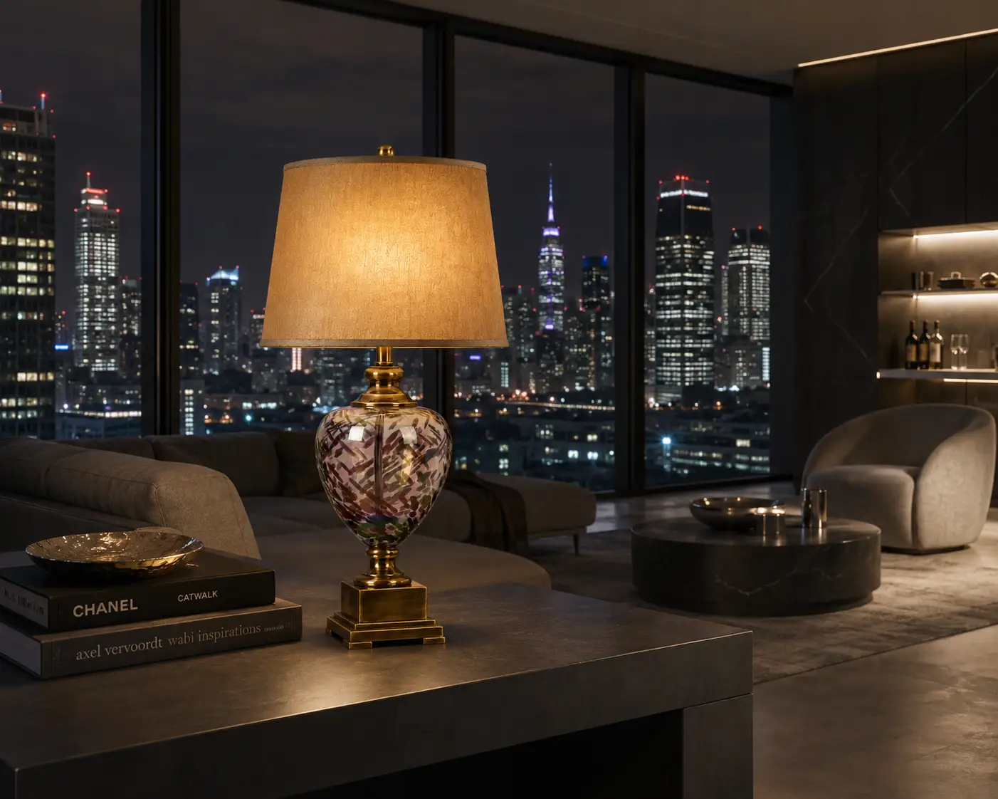 The Iridescent-Whisper Art Glass Lamp in a Modern Minimalist Penthouse Lounge