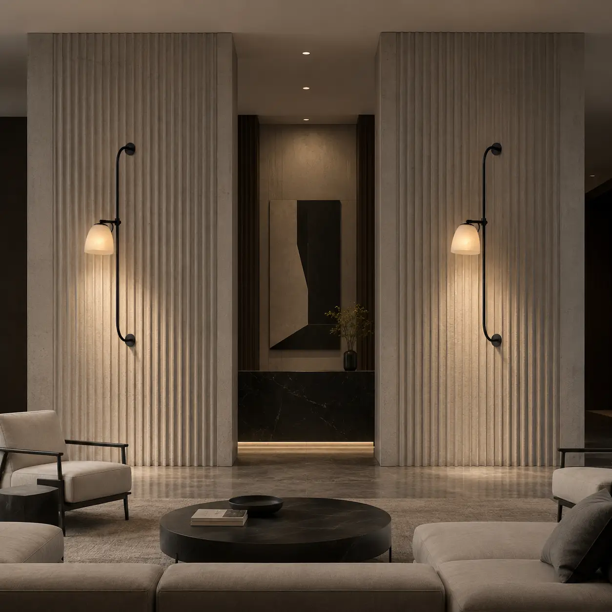 Smile Lighting Linear Arc Sconce installed in a minimalist modern luxury hotel lounge