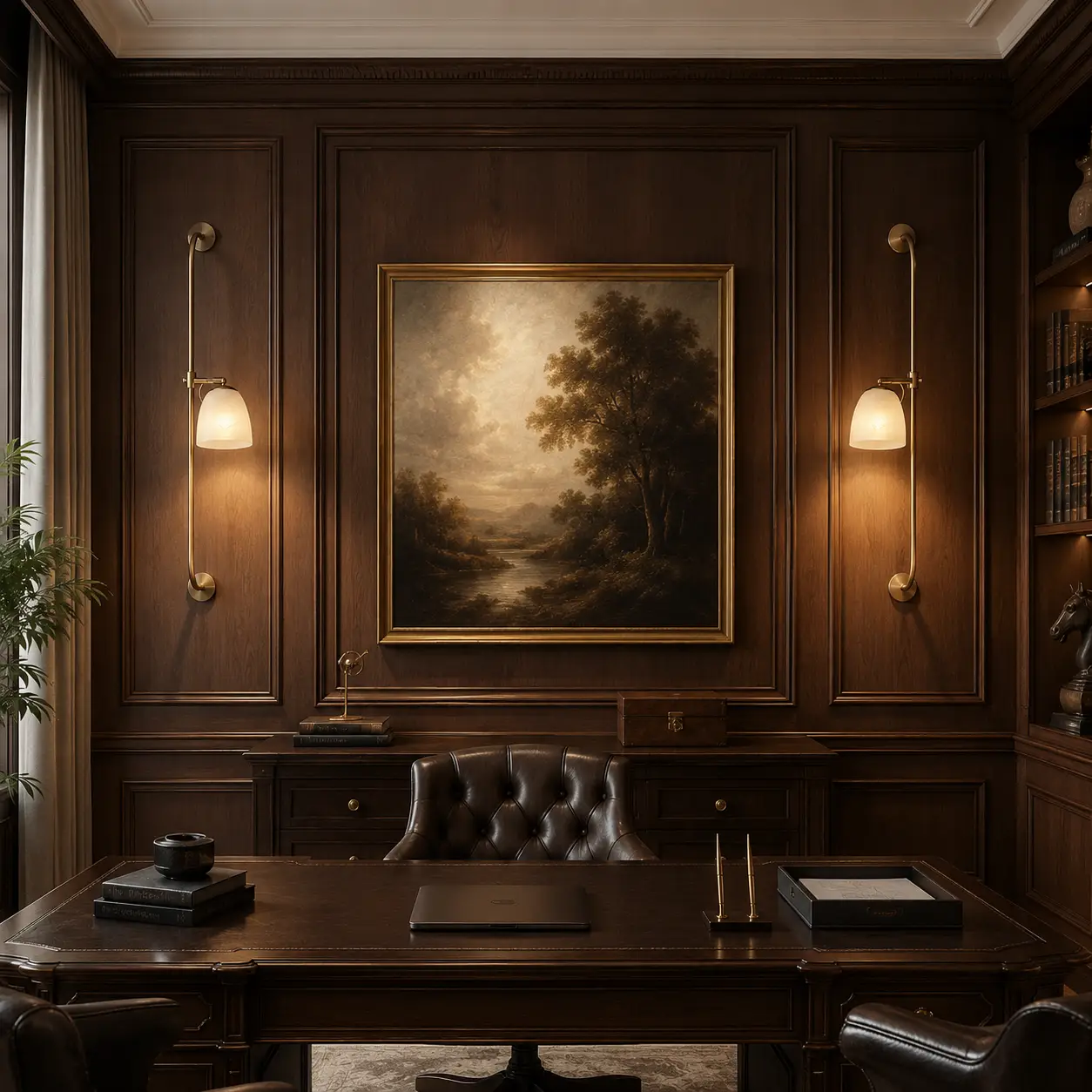 Smile Lighting Linear Arc Sconce customized in brushed brass within a transitional neoclassical office