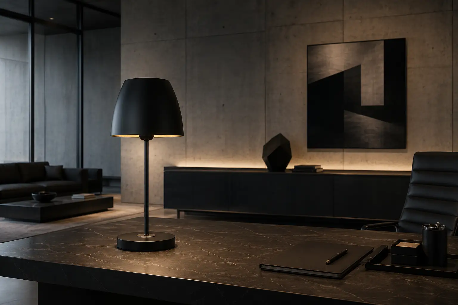 The Lumin Modernist Table Lamp in a Minimalist High-End Office Staging