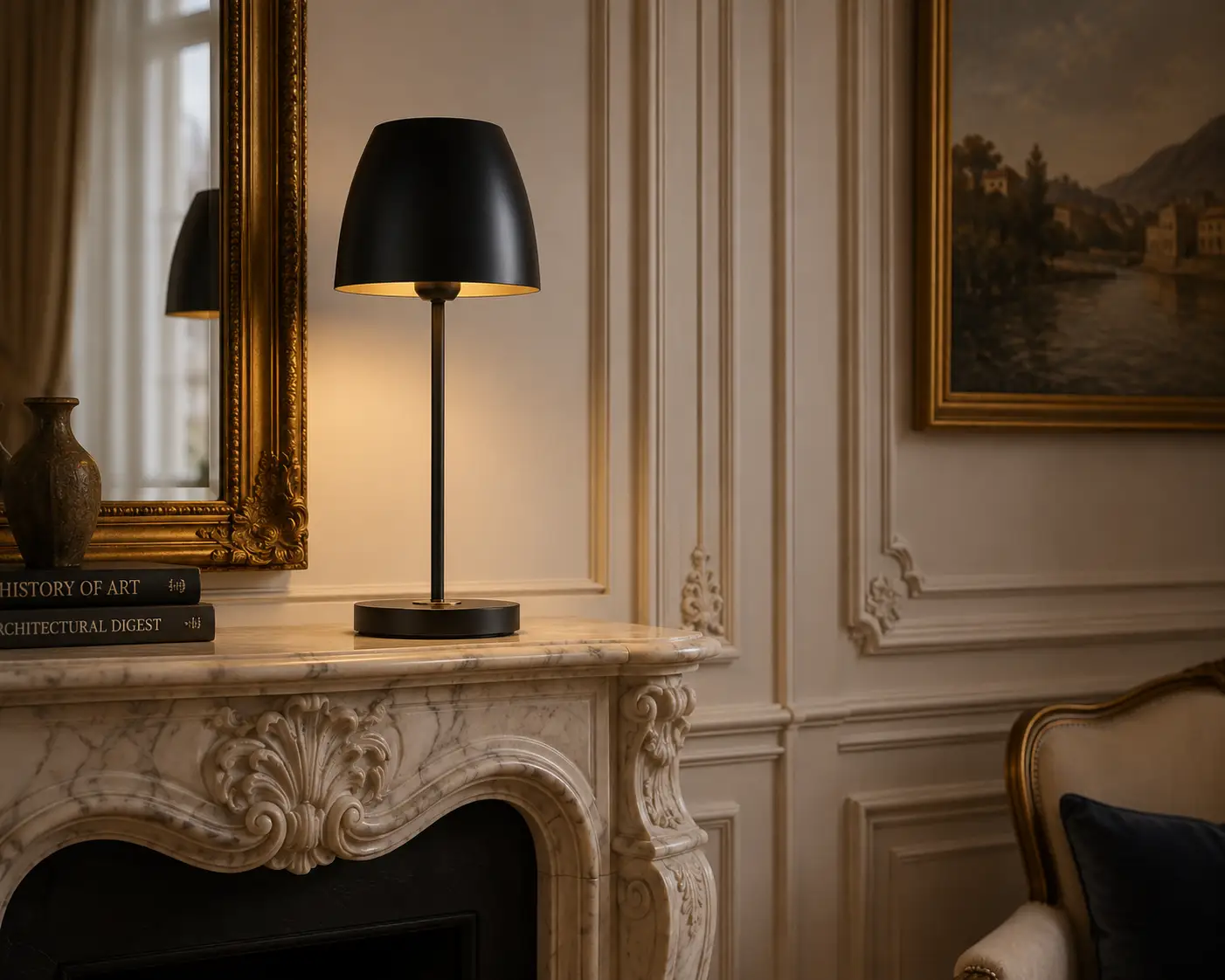 The Lumin Modernist Table Lamp in Champagne Gold Finishing within a Transitional Living Room