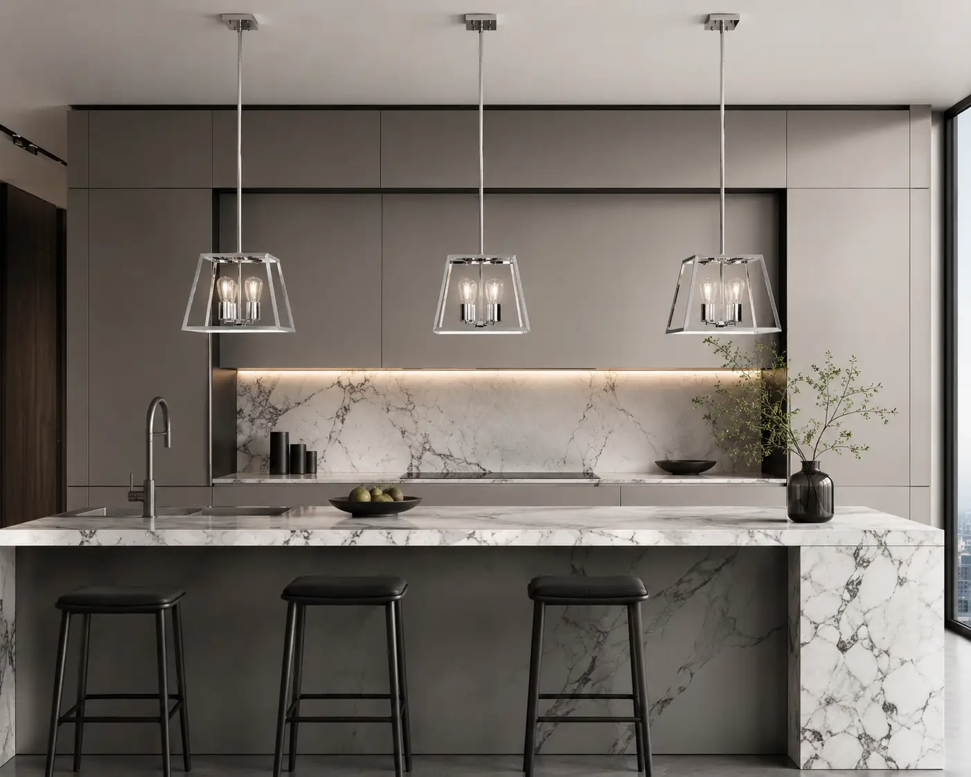The Luminosa Polished Stainless Steel Geometric Pendant in a Modern Luxury Kitchen Island Context