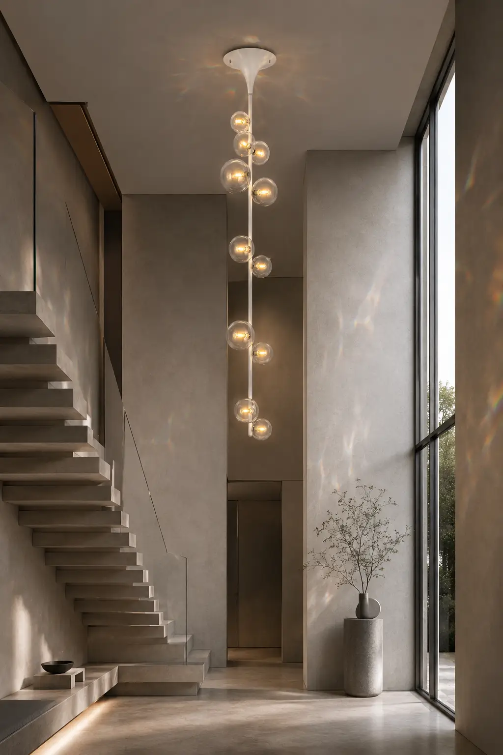 The Nebula Cascading 7-Light Pendant in Minimalist High-Ceiling Entryway