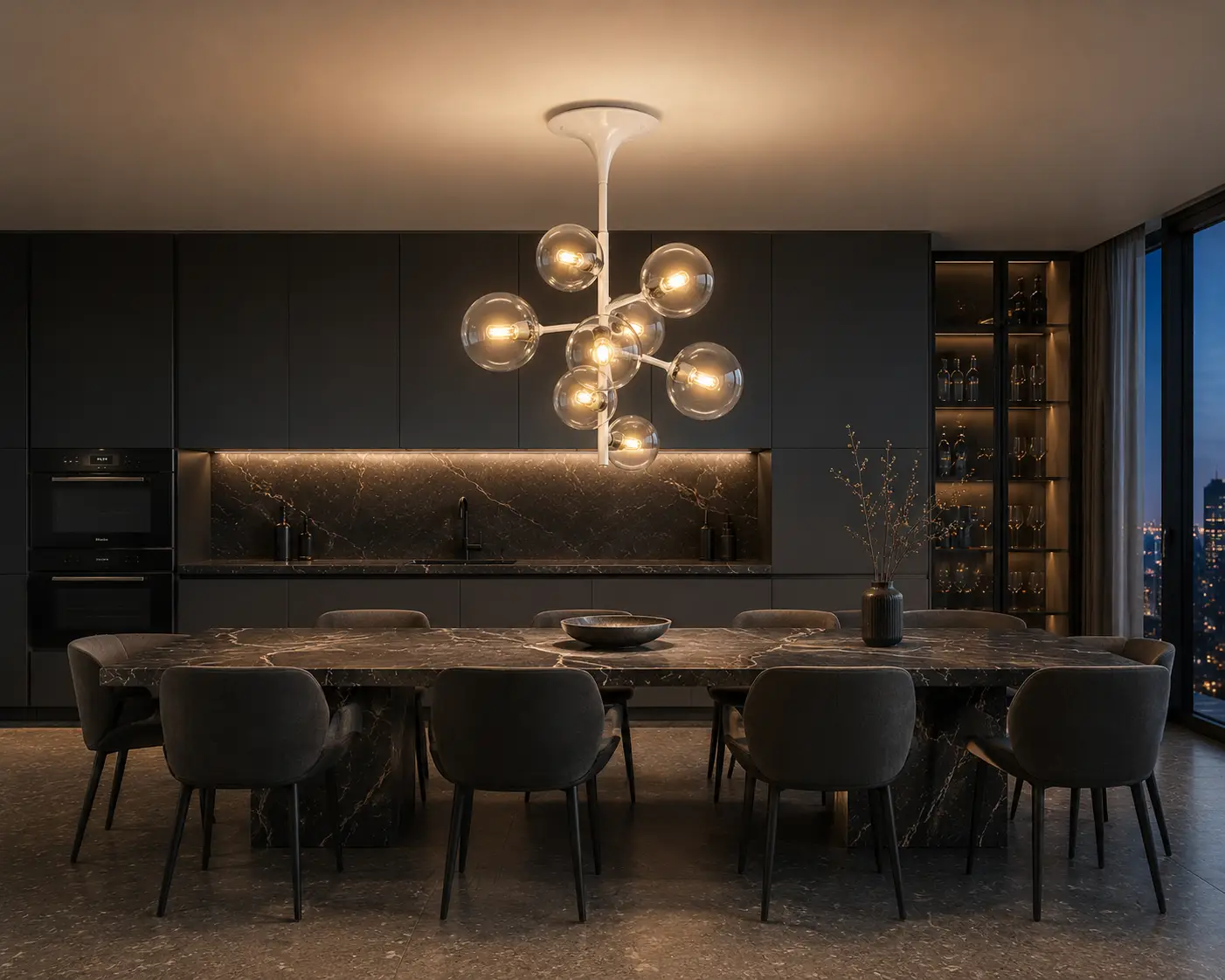 Staggered Horizontal Customization of Nebula Pendant Over Modern Dining Table