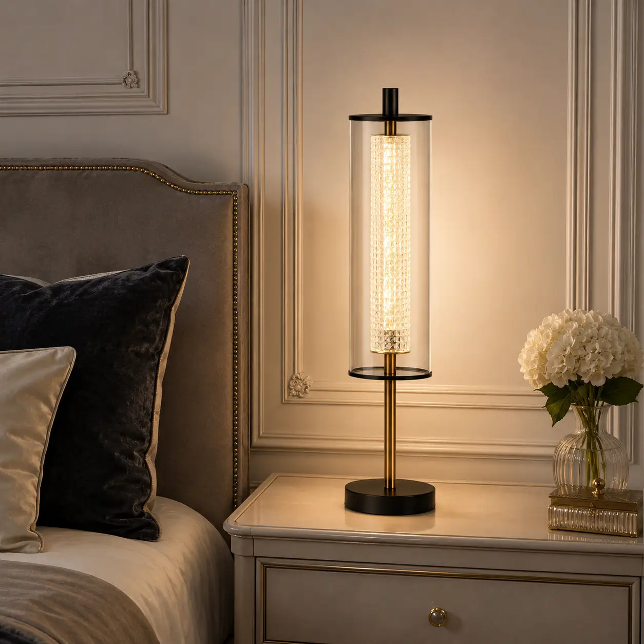 The Nexus Integrated LED Table Lamp in a French Chic Bedside Setting with Champagne Gold Finish