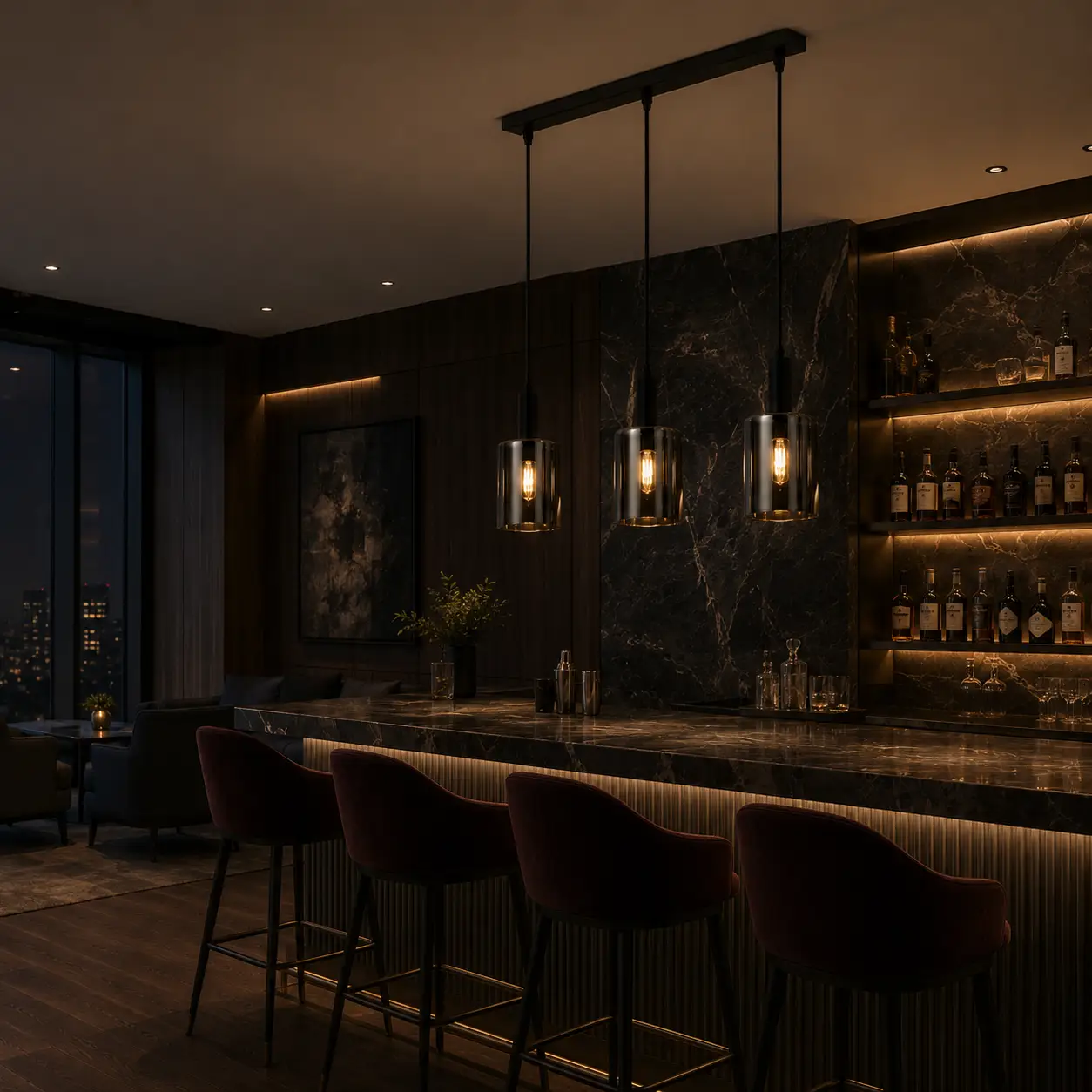 The Noctara Linear Pendant in Matte Obsidian Black Finish within a Luxury Hotel Bar Area