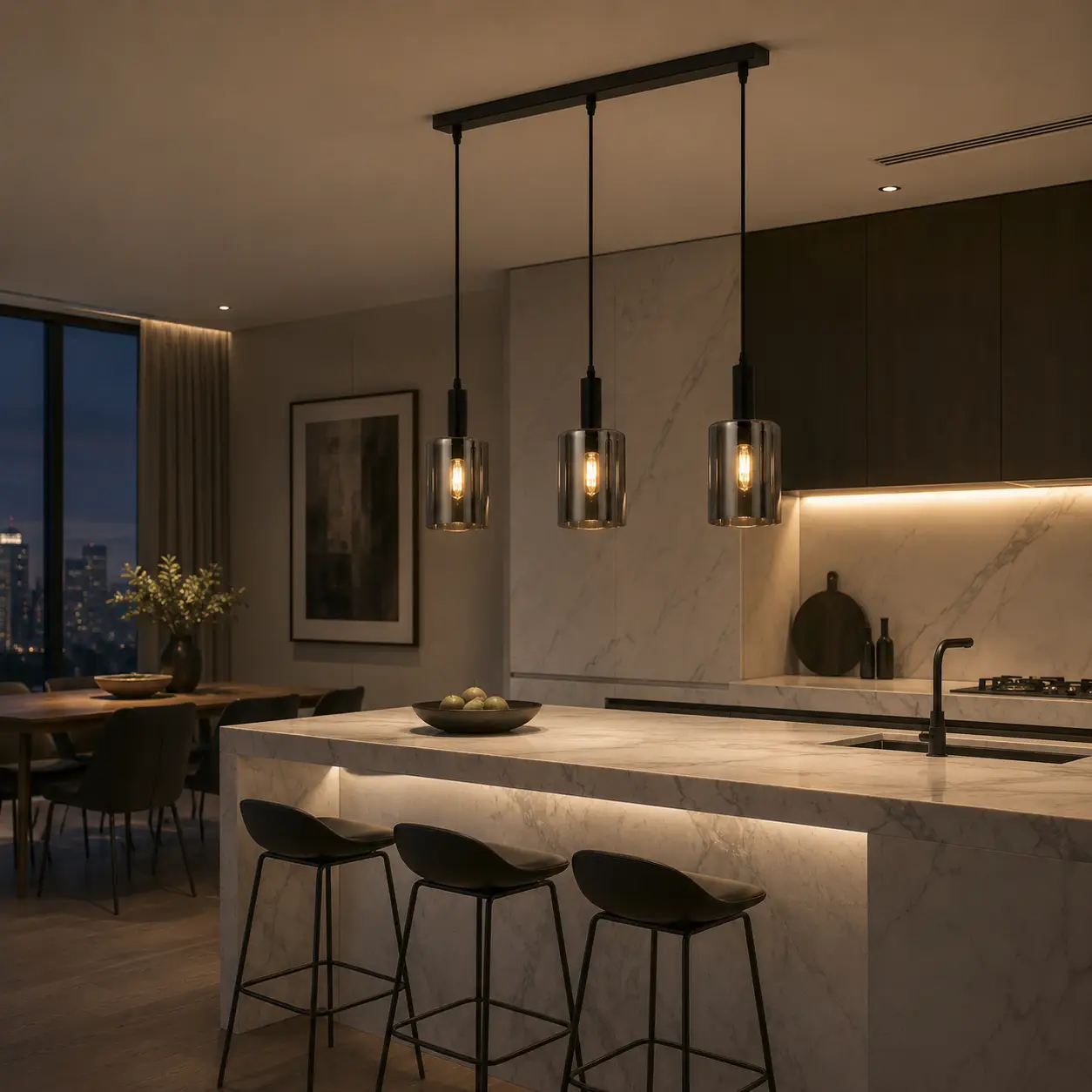 The Noctara Linear 3-Light Smoked Glass Pendant Luminaire in a Modern Luxury Kitchen Island Setting