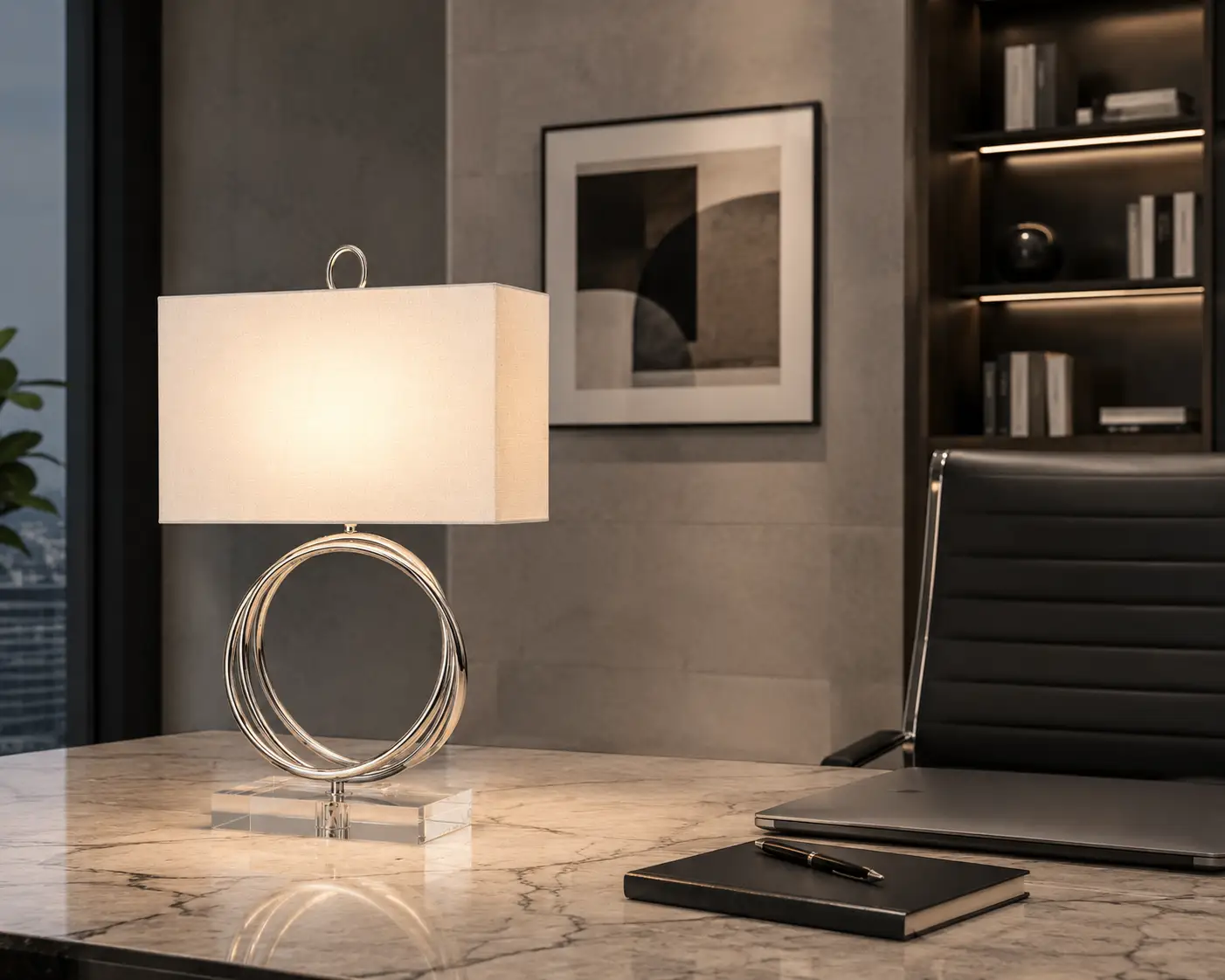 The Orbit Contemporary Desk Lamp styled in a Modern Minimalist Corporate Office Grid