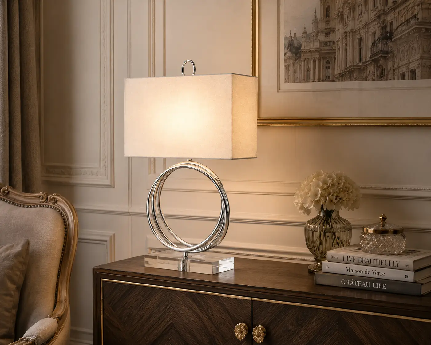 The Orbit Contemporary Desk Lamp within a French Transition Hospitality Interior