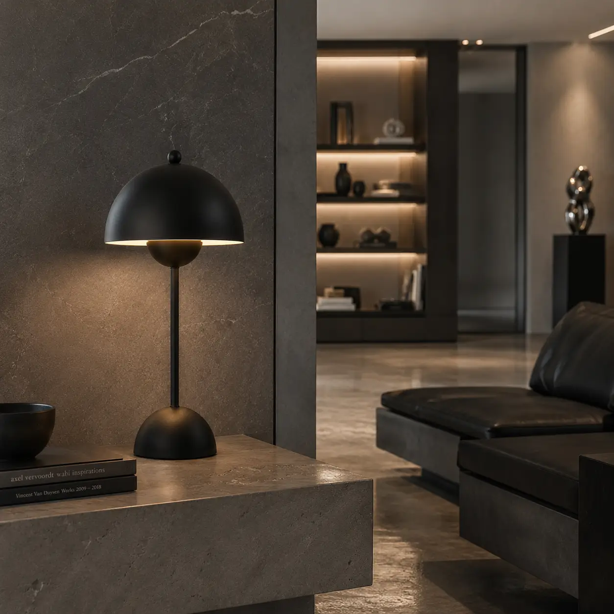 The Orbital Table Lamp in an Ultra-Modern Minimalist Living Room Setting