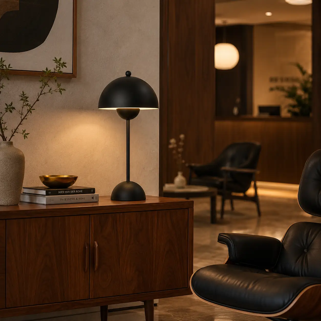The Orbital Mid-Century Modern Table Lamp in a Retro Executive Office Setting