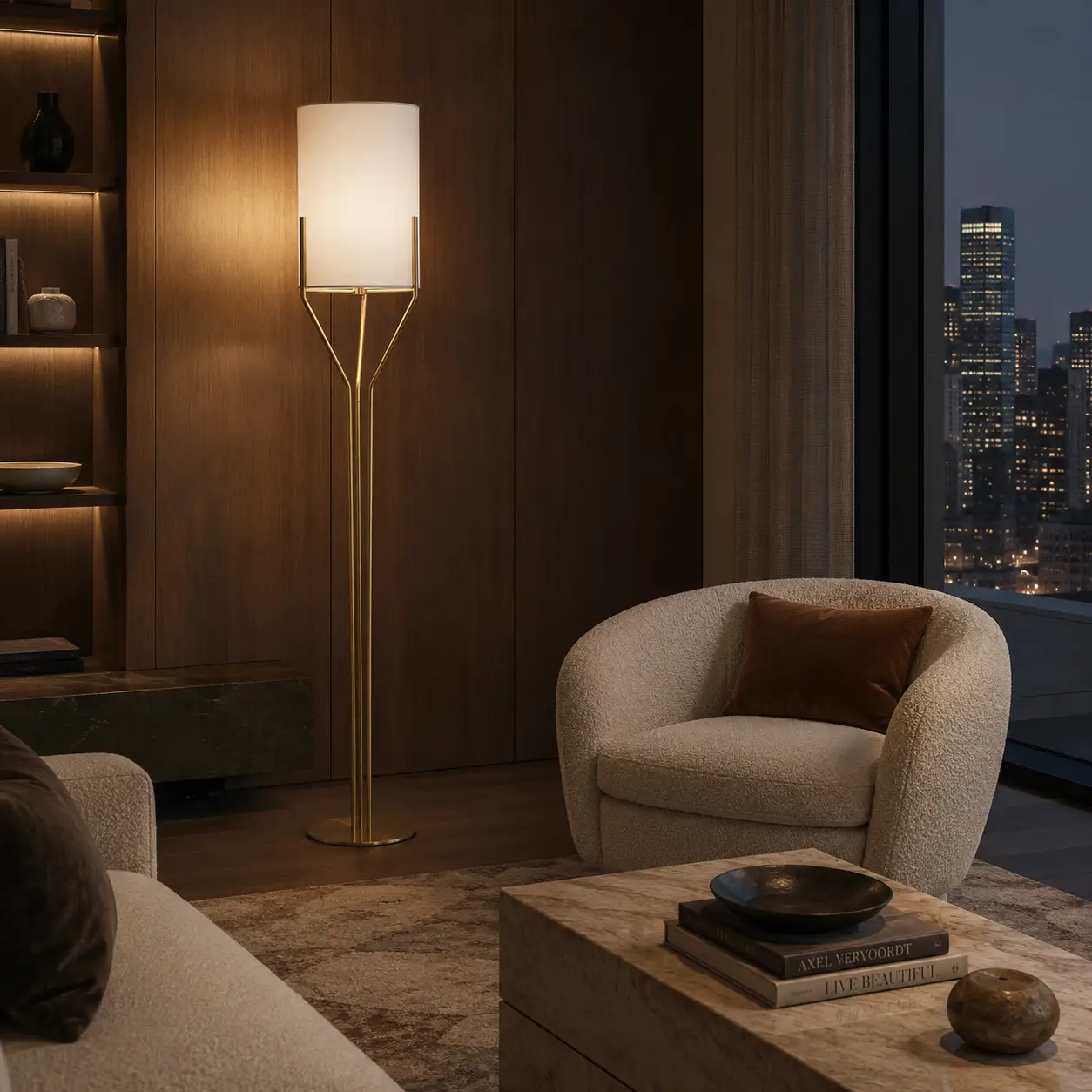 The Quadra Floor Lamp in Satin Brass Finish within a Premium Executive Hotel Lounge