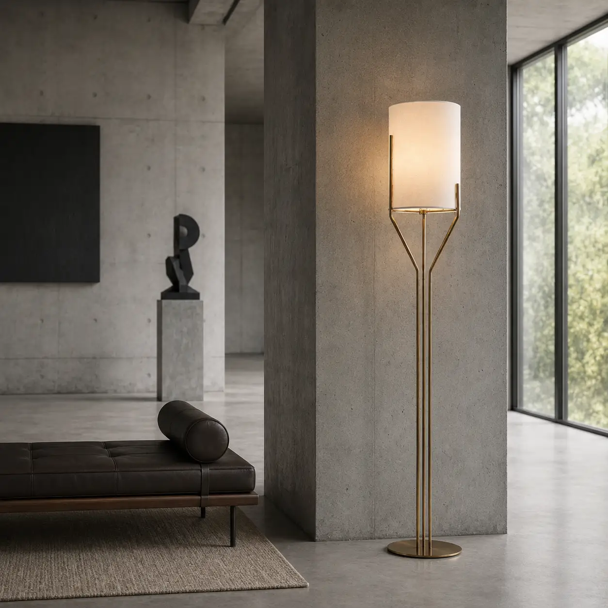 The Quadra Modernist Floor Lamp in an Industrial Minimalist Concrete Loft Setting