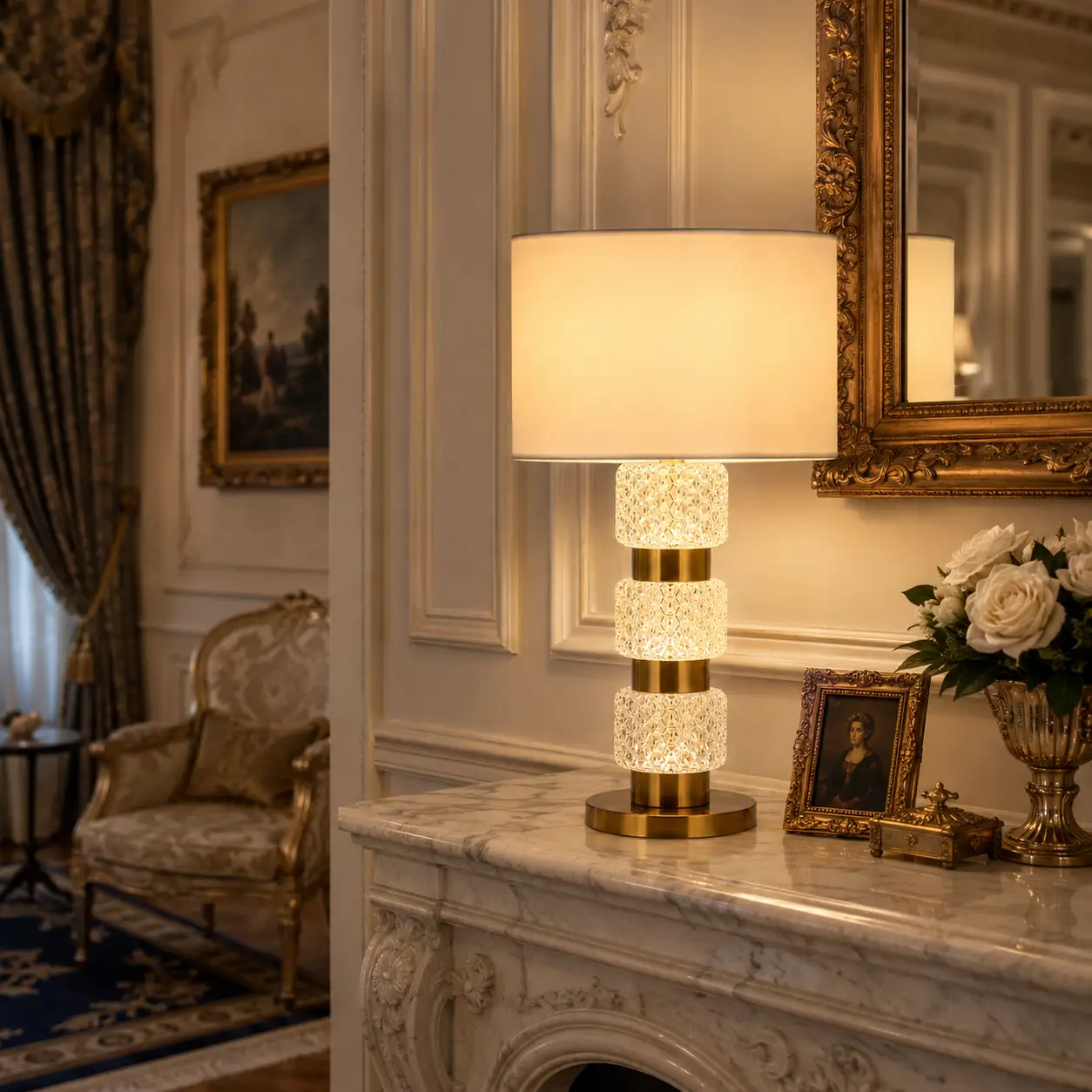 The Radiance Crystal Brass Table Lamp in a Luxury French Chic Living Room Setting