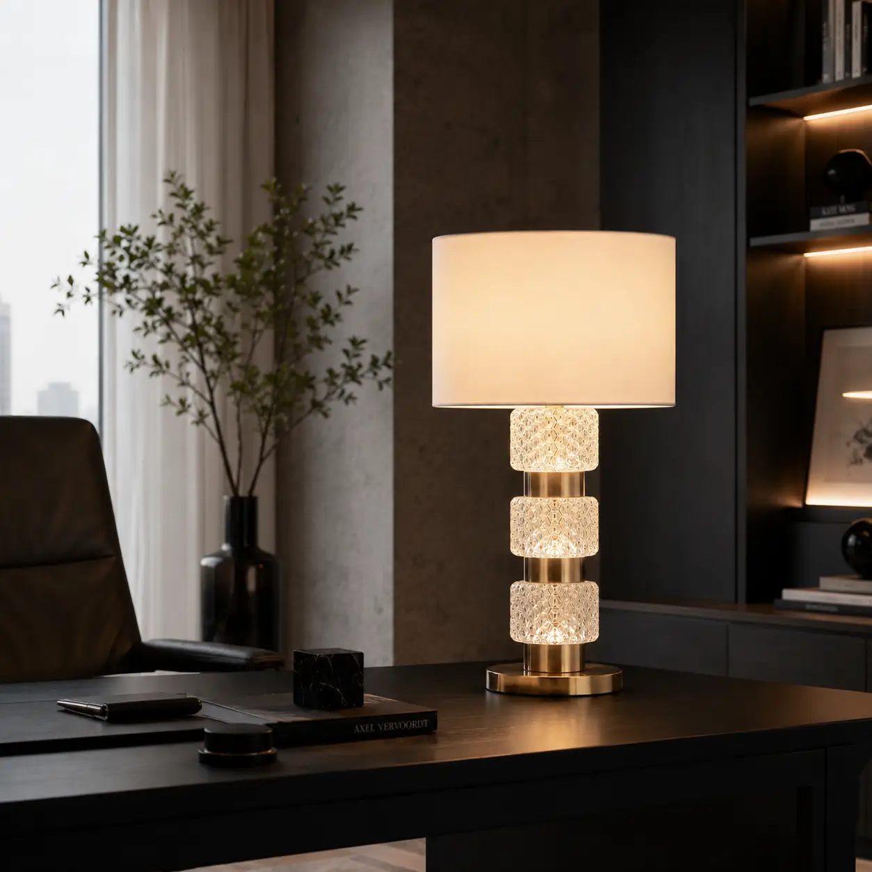 The Radiance Crystal Brass Table Lamp in a Modern Luxury Lounge with Polished Chrome Finish
