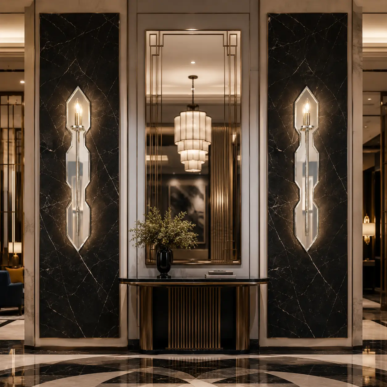 Smile Lighting Reflectoire Obelus Sconce installed in an Art Deco hospitality lobby