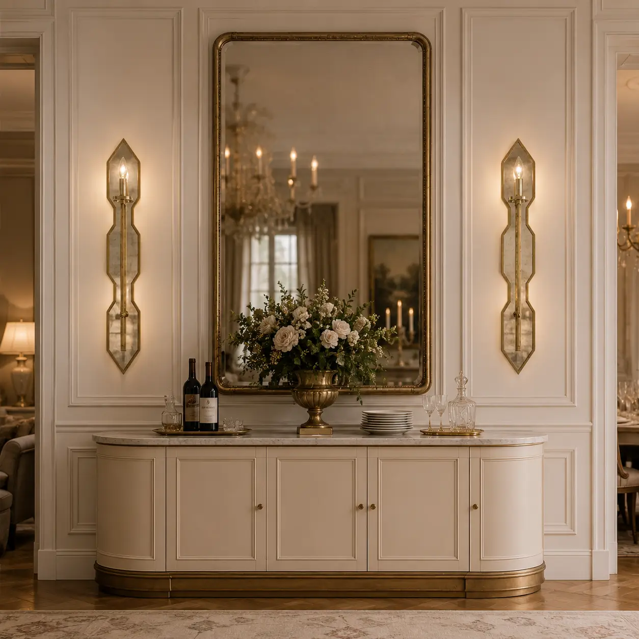 Smile Lighting Reflectoire Obelus Sconce in a French light luxury interior setting