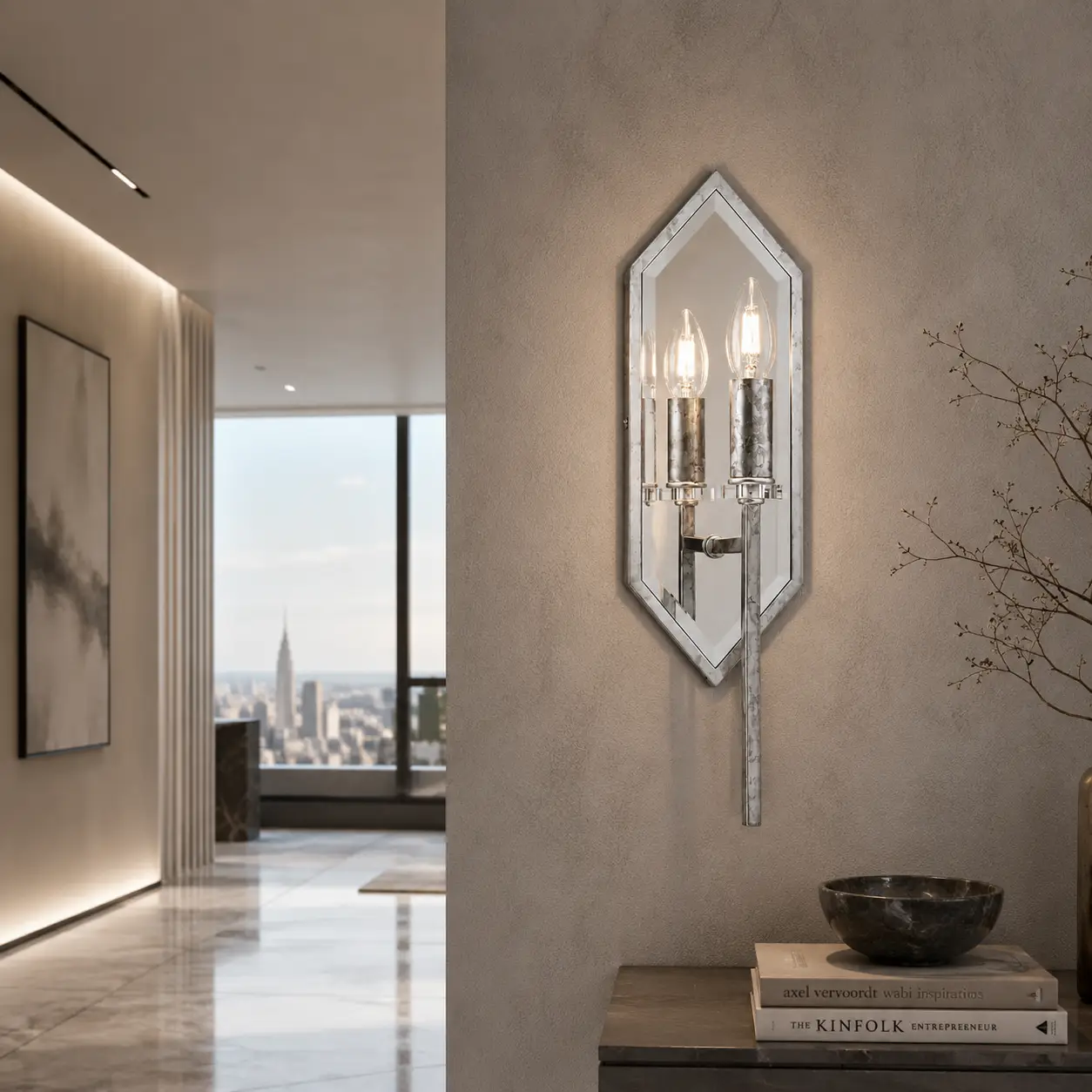 Smile Lighting Reflectoire Solus Sconce in a minimalist modern penthouse entryway
