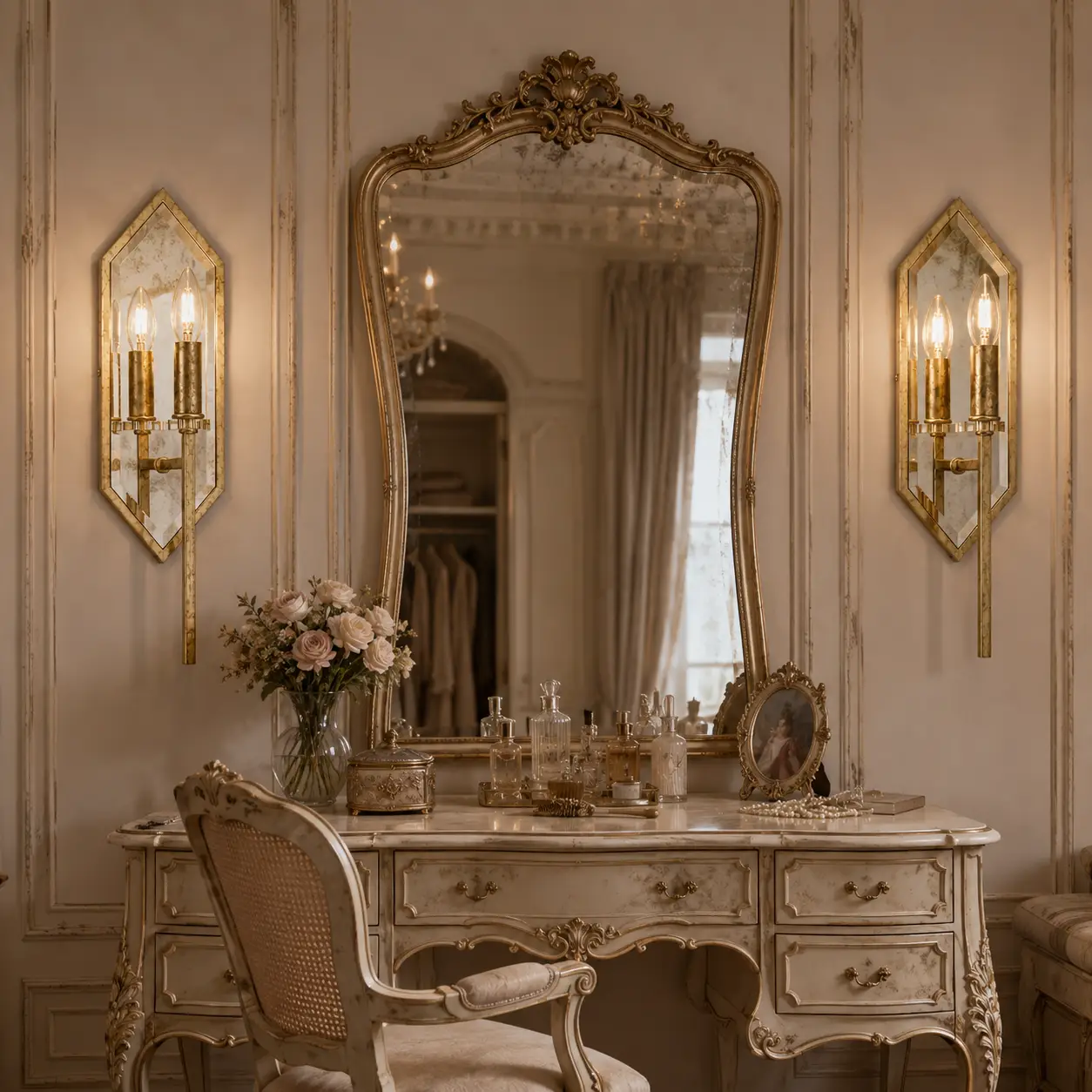 Smile Lighting Reflectoire Solus Sconce mounted inside a French vintage dressing salon
