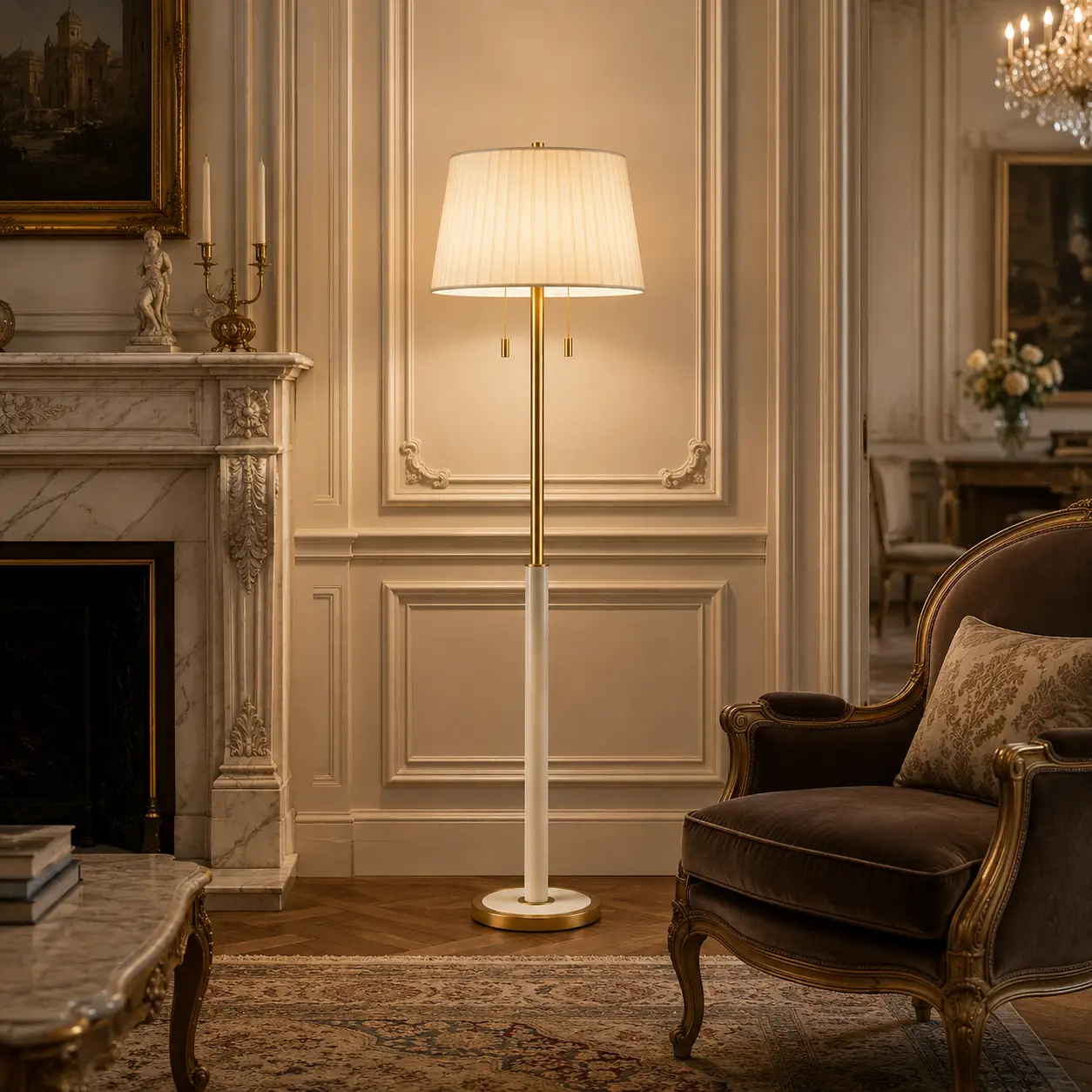The Symphony Classic 2-Light Floor Lamp in an Elegant French Chic Formal Living Area
