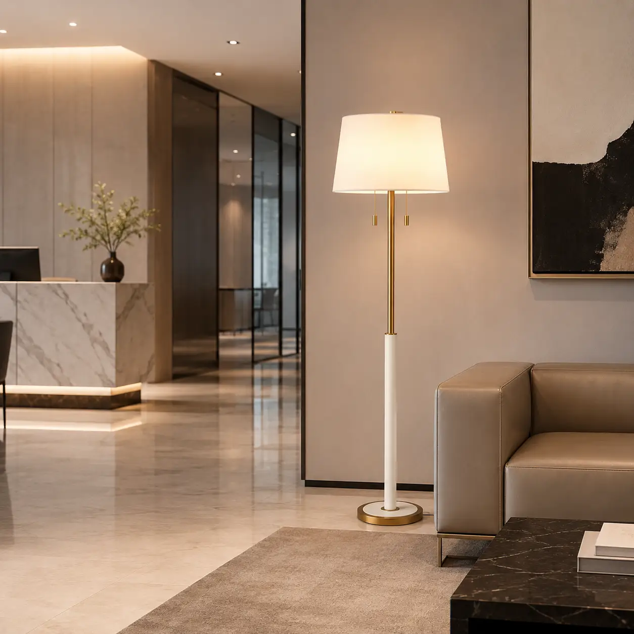 The Symphony Dual Floor Lamp in Satin Nickel within a Modern Luxury Penthouse Suite