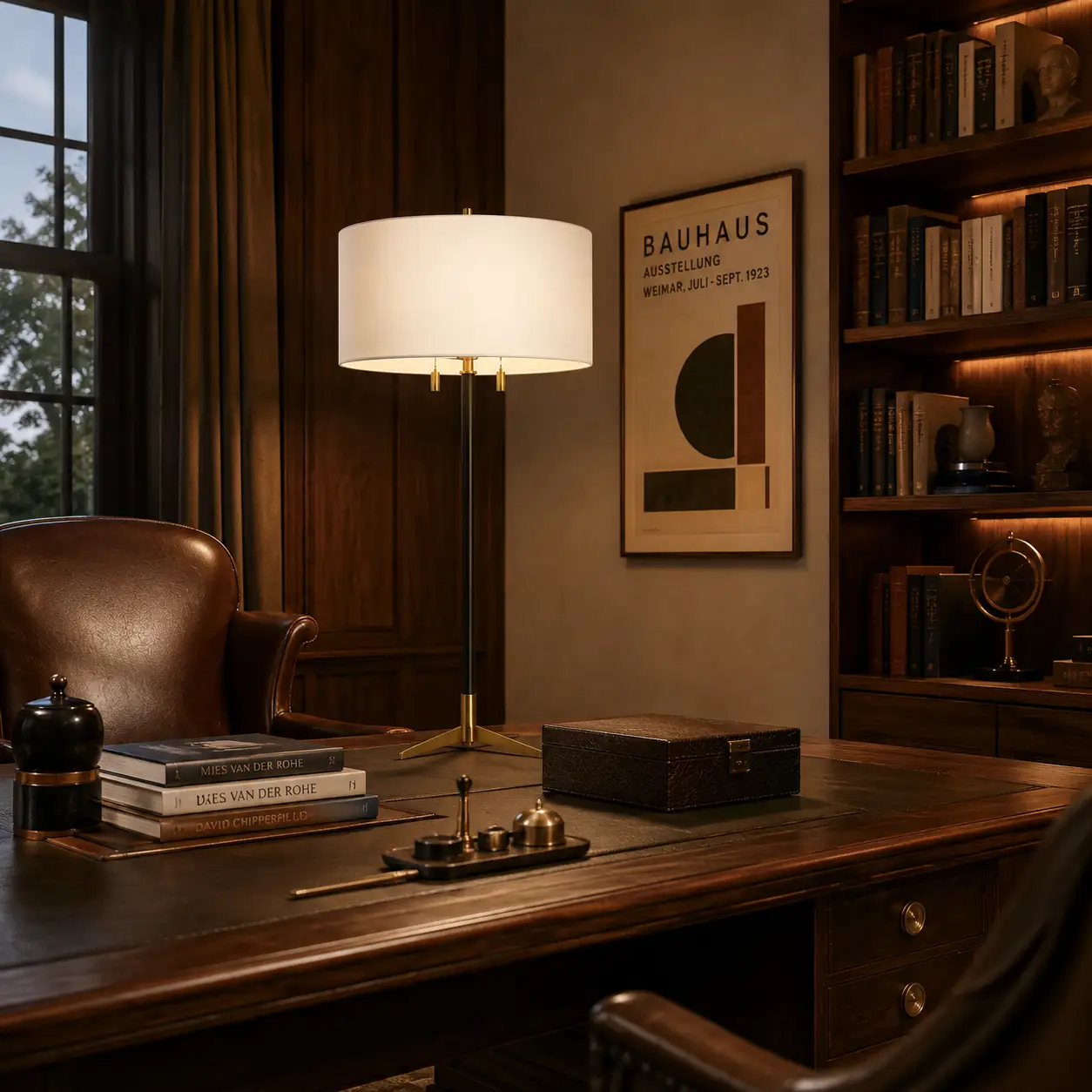 The Tripod Balance Table Lamp in a Mid-Century Modern Executive Library Workspace