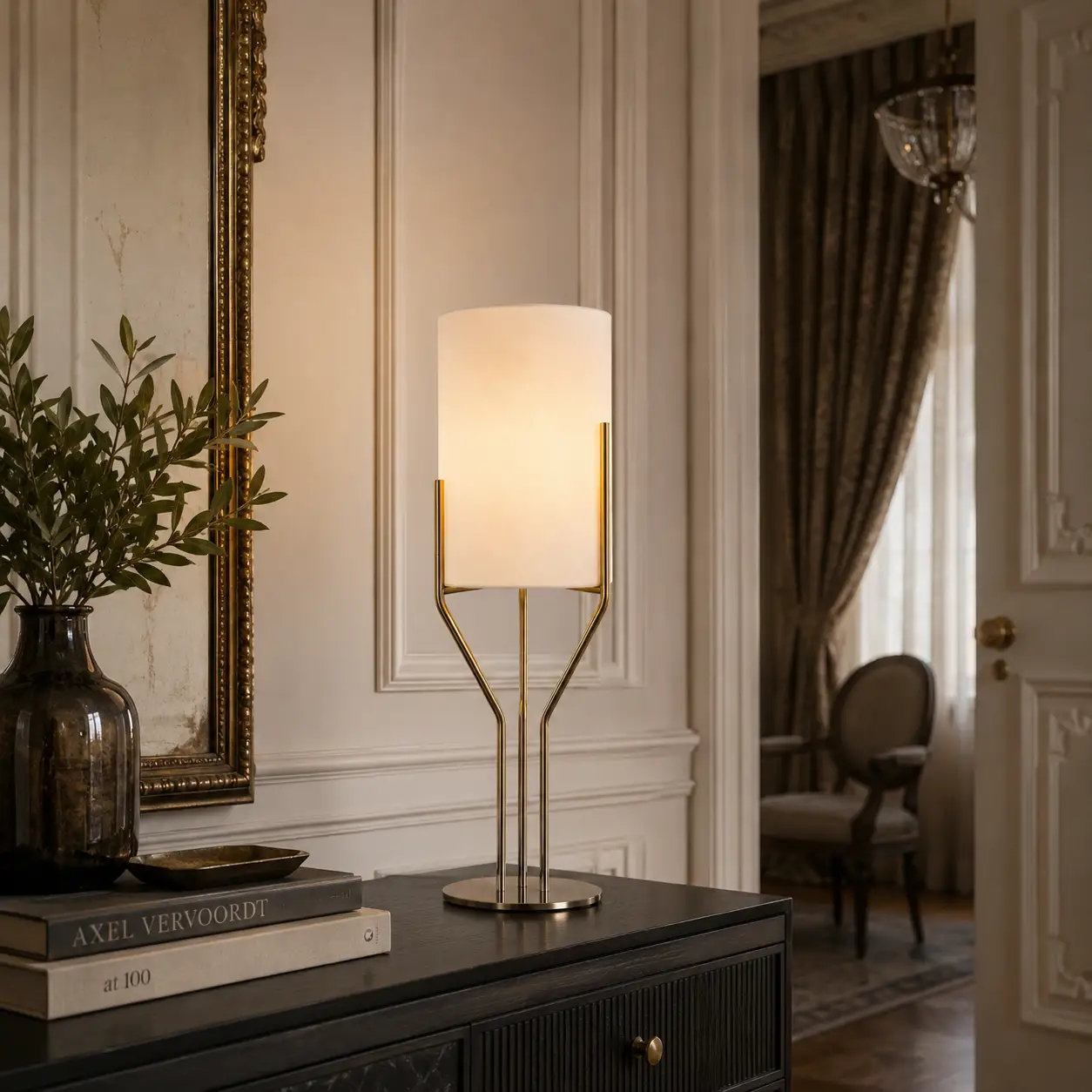 The Vanguard Modernist Table Lamp in a Transitional Bedside Setting with Polished Nickel Finish
