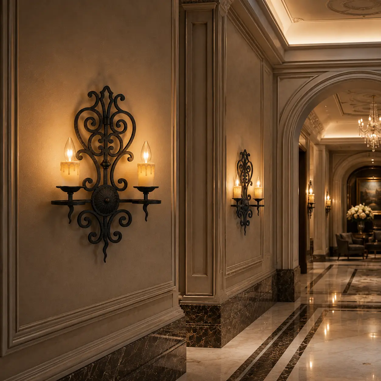 The Verona Lumina Sconce Arranged in a Symmetrical Luxury Hotel Corridor