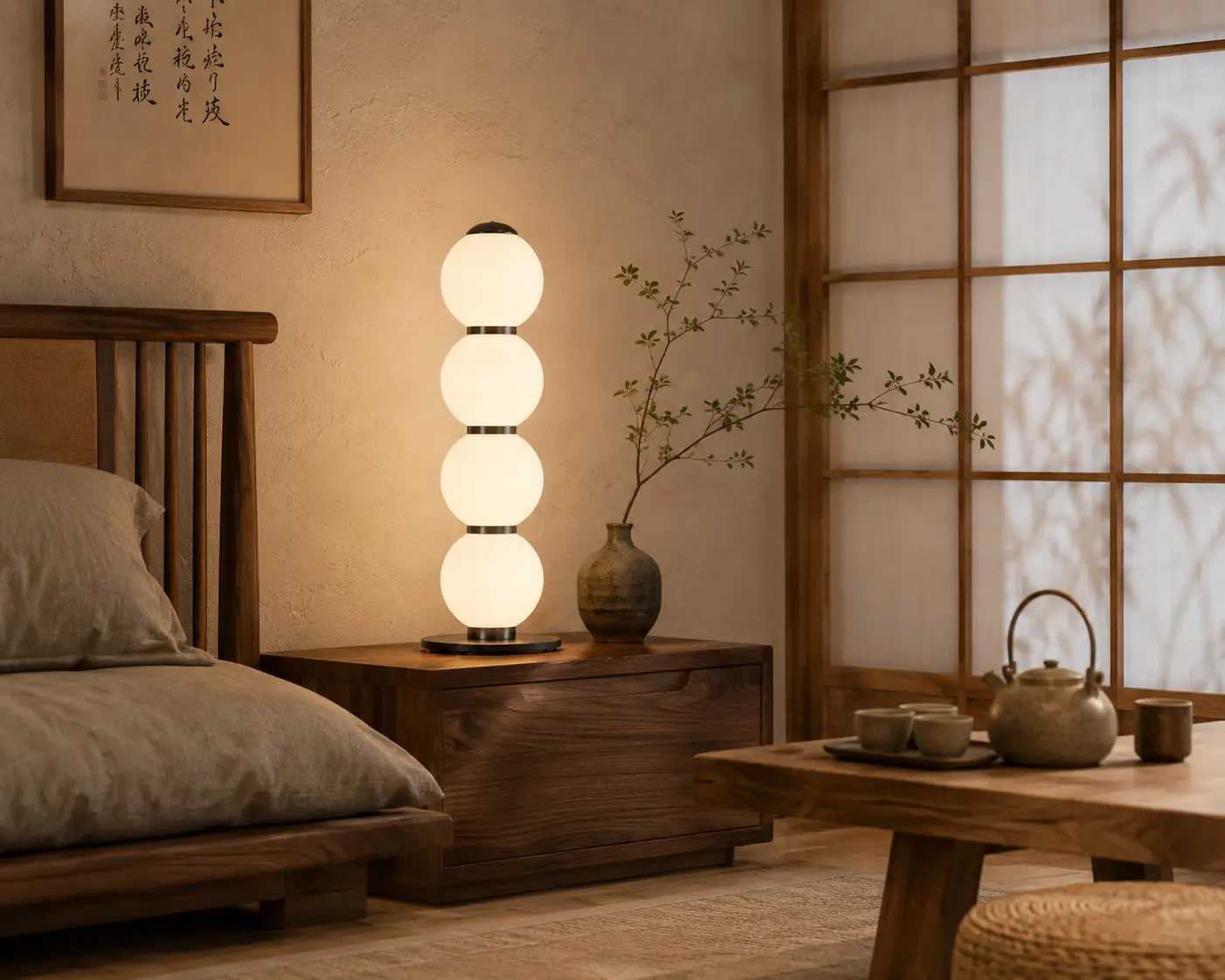 The Zen-Orb Stack LED Table Lamp in a Japandi Minimalist Tea Room Lounge