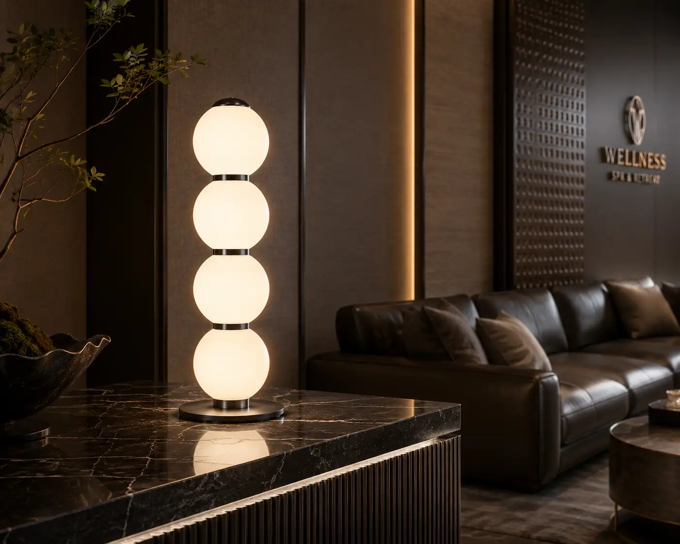 The Zen-Orb Stack LED Table Lamp in a Contemporary Luxury Hotel Reception Lounge