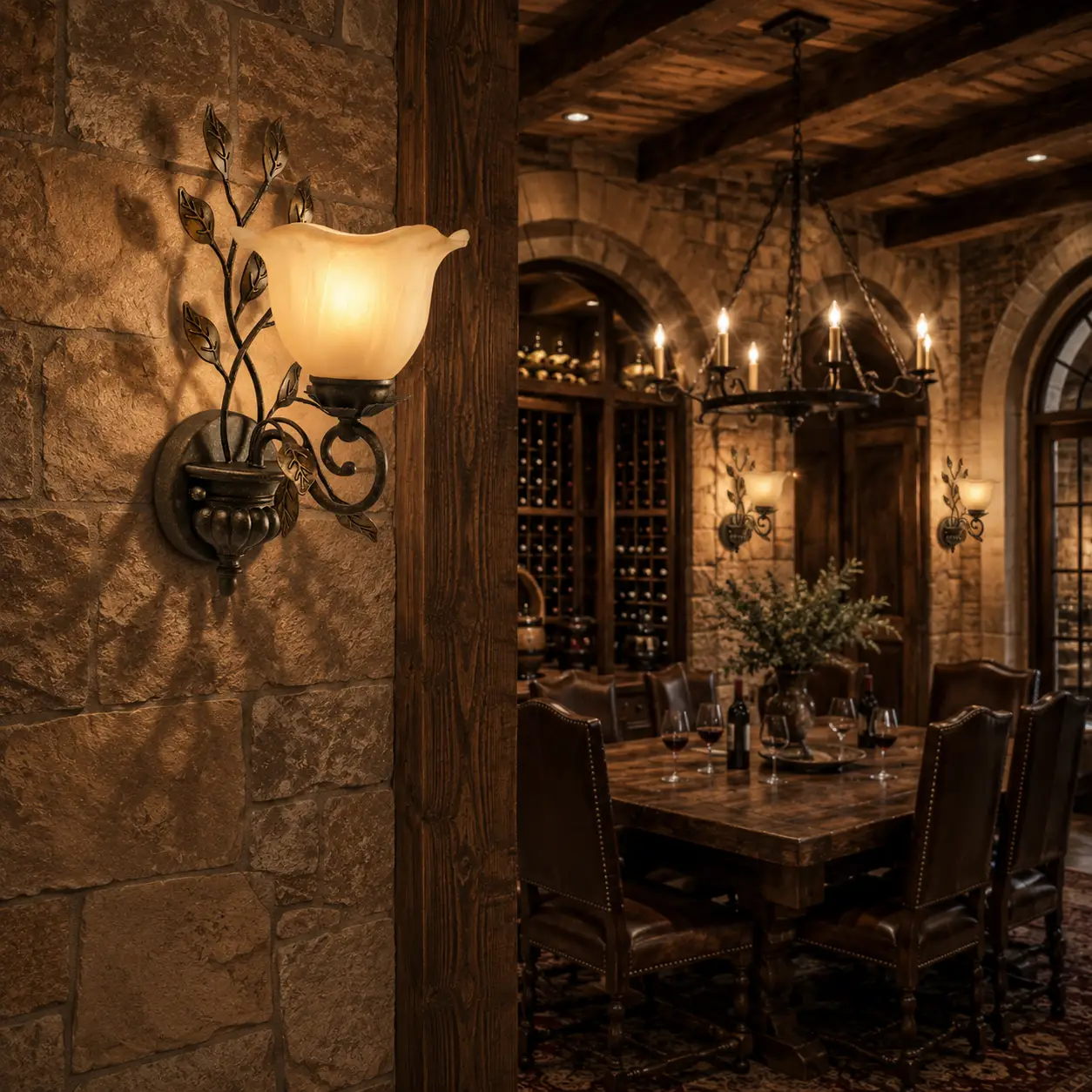 The Vineyard Bloom Sconce Staged Flanking a Stone Fireplace in a Luxury Rustic Estate