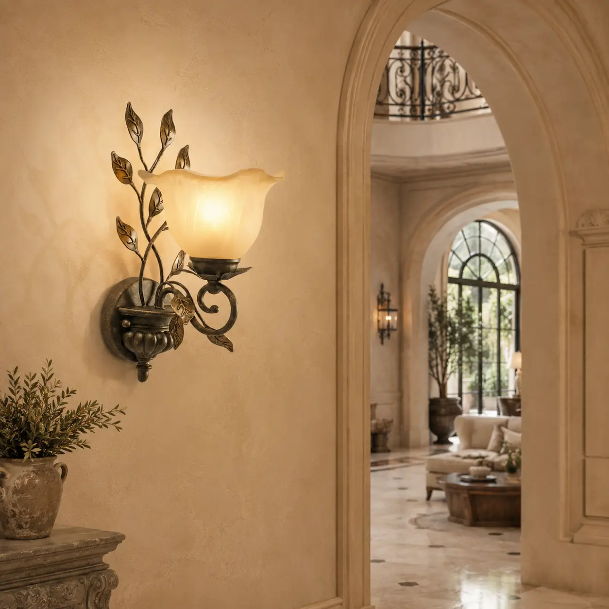 The Vineyard Bloom Sconce Mounted on a Soft Plaster Wall in a Modern Luxury Lounge