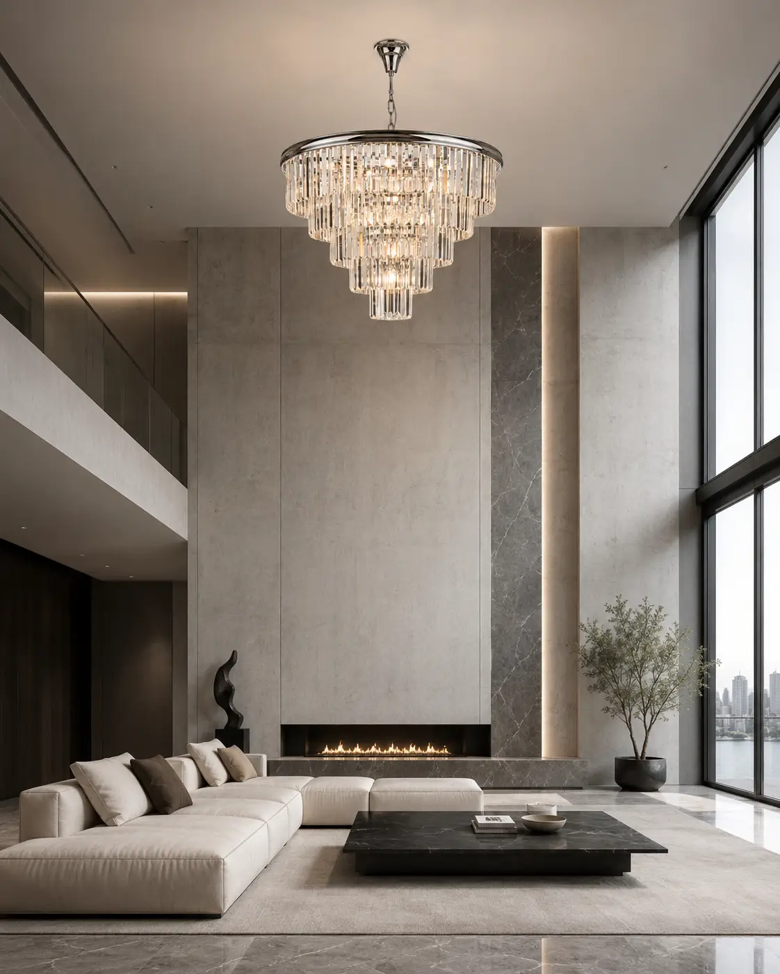 Aura Grand Tiered Crystal Chandelier in a Double-Height Modern Luxury Penthouse Interior