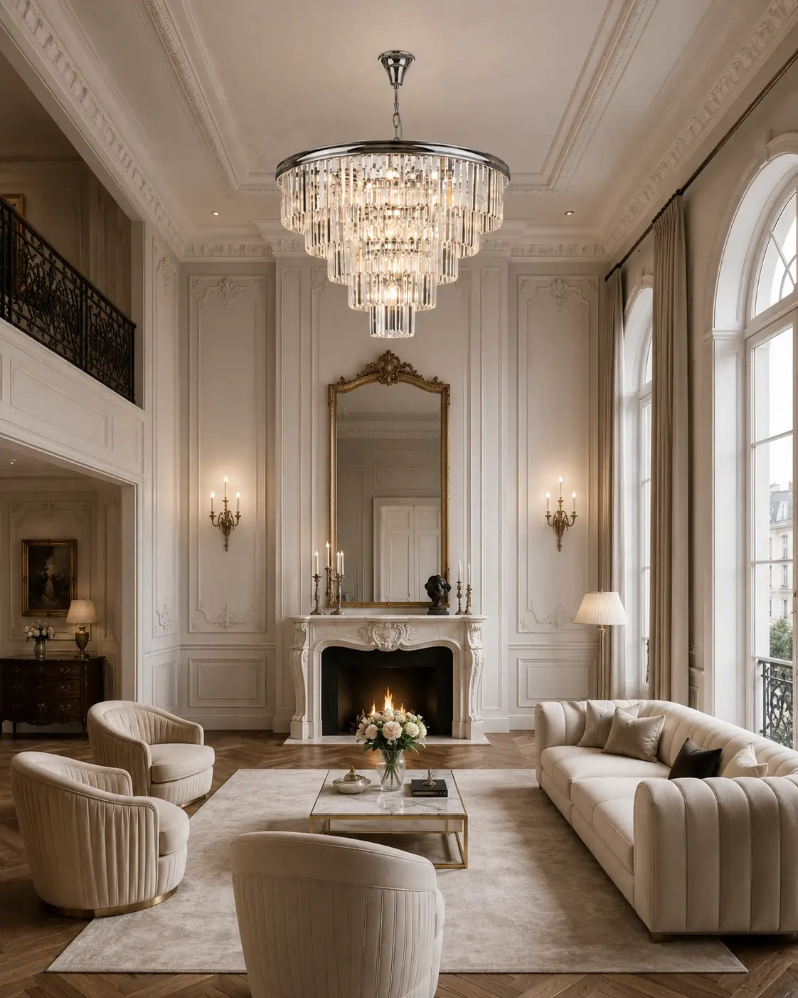 Aura Grand Cascading Chandelier in Neoclassical French Chic Salon Design