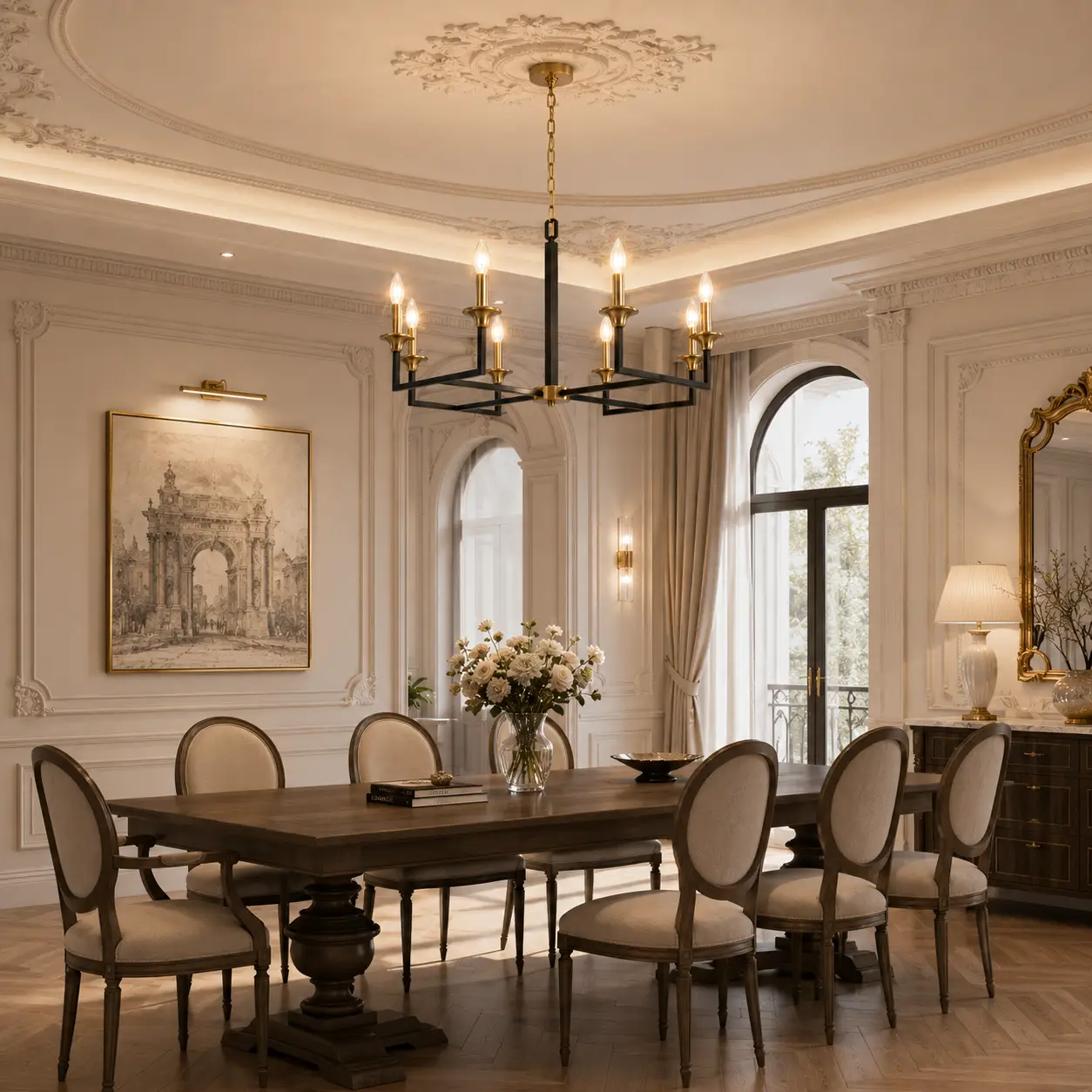 Axis Curve Chandelier in Neoclassical Interior Context