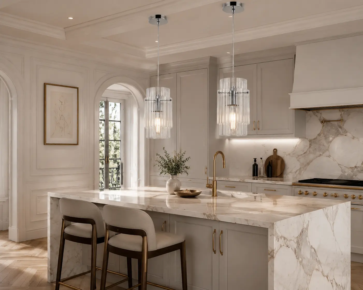 The Crystal Cascade Fluted Glass Pendant Light in French Chic Kitchen Island Nook