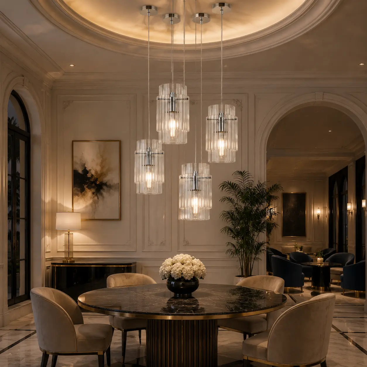 The Crystal Cascade Fluted Glass Pendant Light in Neoclassical Dining Room