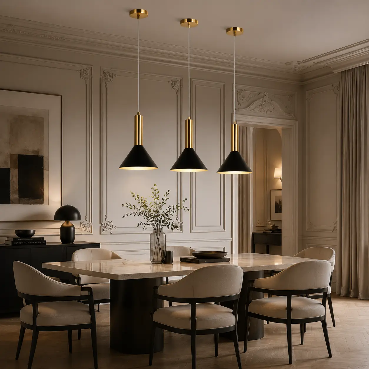 The Eclipse Modern Cone Pendant in French Transitional Dining Room