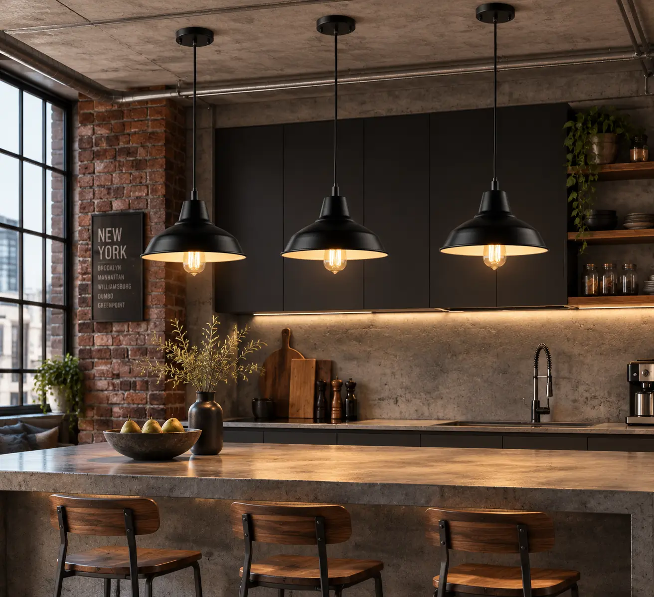 The Industrial Loft Vintage Farmhouse Pendant Light in Industrial Kitchen Island Scene