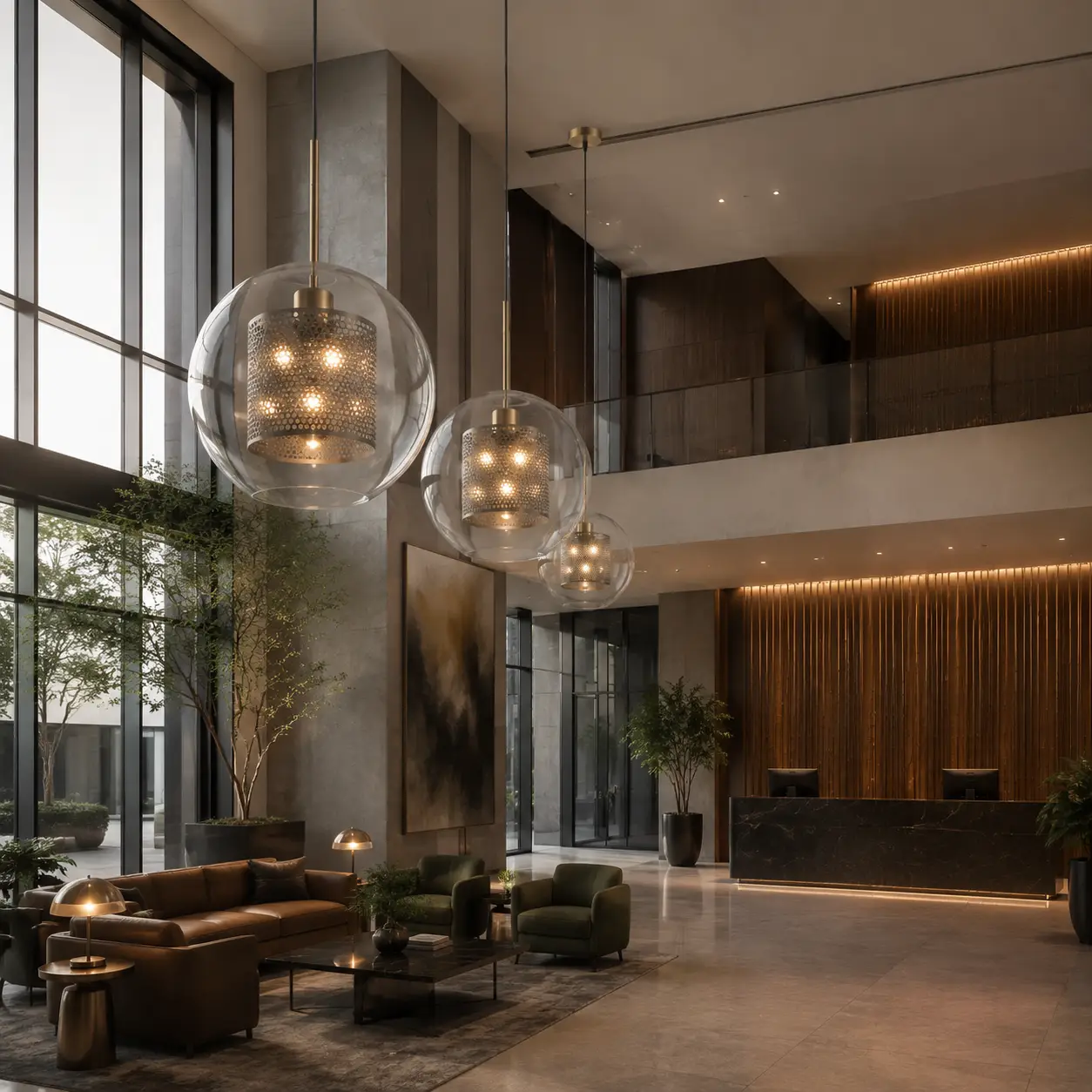 Large Oversized Industrial Perforated Metal Sphere Pendant in Hotel Lobby Atrium