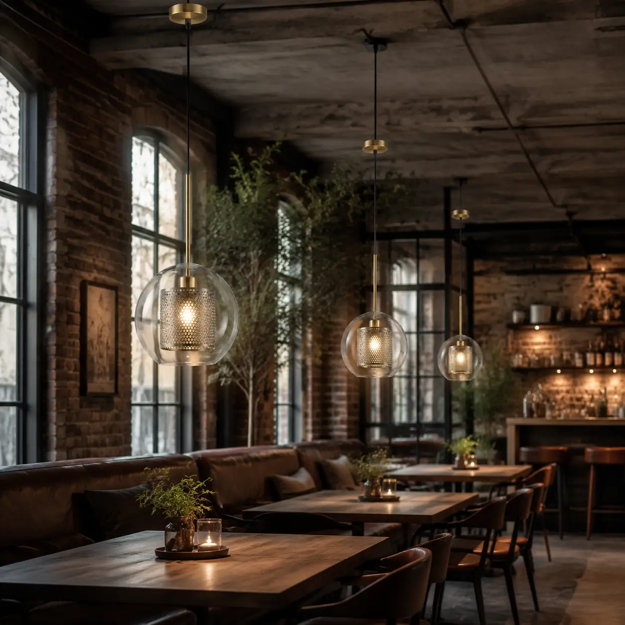 Industrial Sphere Perforated Metal Pendant Suspended in Modern Urban Loft Cafe Setting
