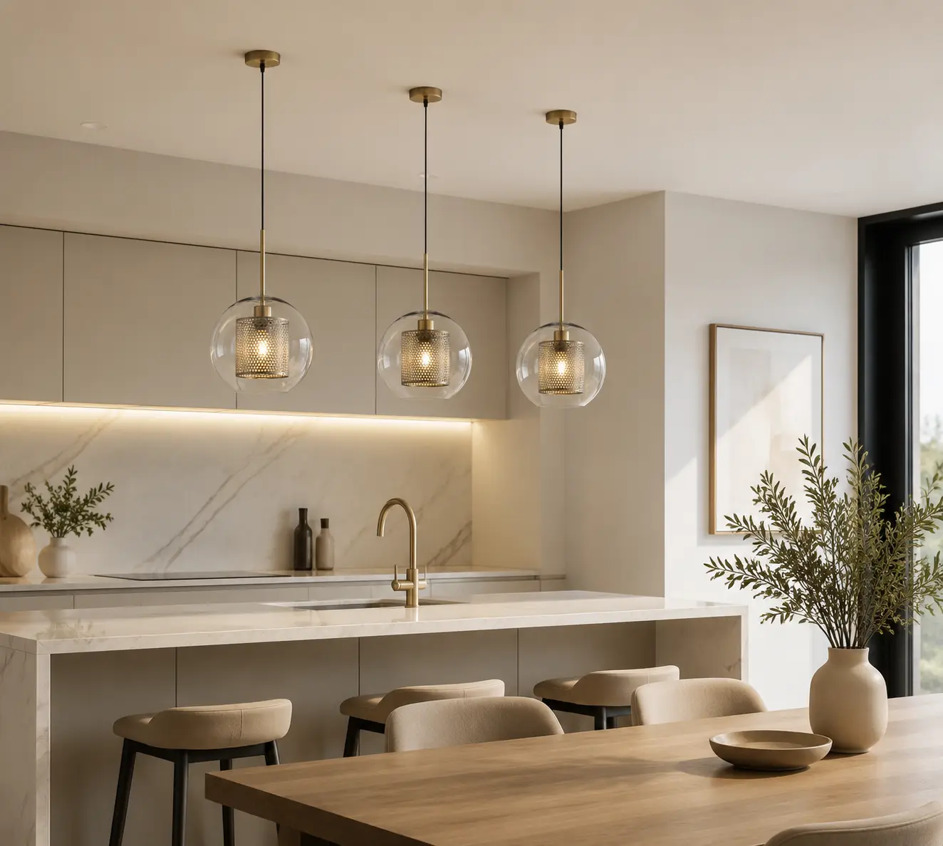 Brass Finish Perforated Sphere Light Suspended over Minimalist Dining Table